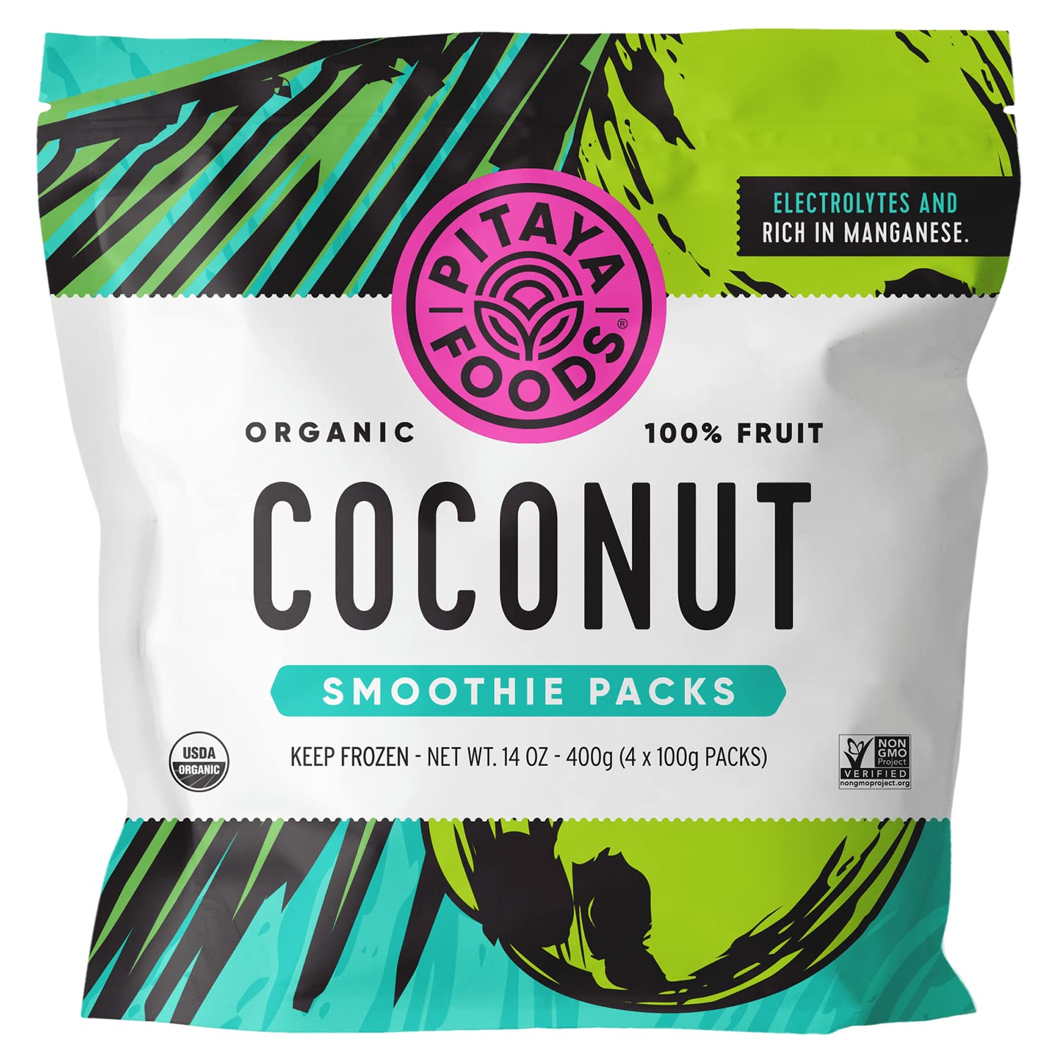 Pitaya Foods - Organic Coconut Smoothie Packs, Pre-Packaged Frozen Fruit Purée, No Added Sugar or Preservatives, Good Source of Fiber & Manganese, Gluten- & Dairy-Free, 100% Fruit (14 oz, 8-Pack)