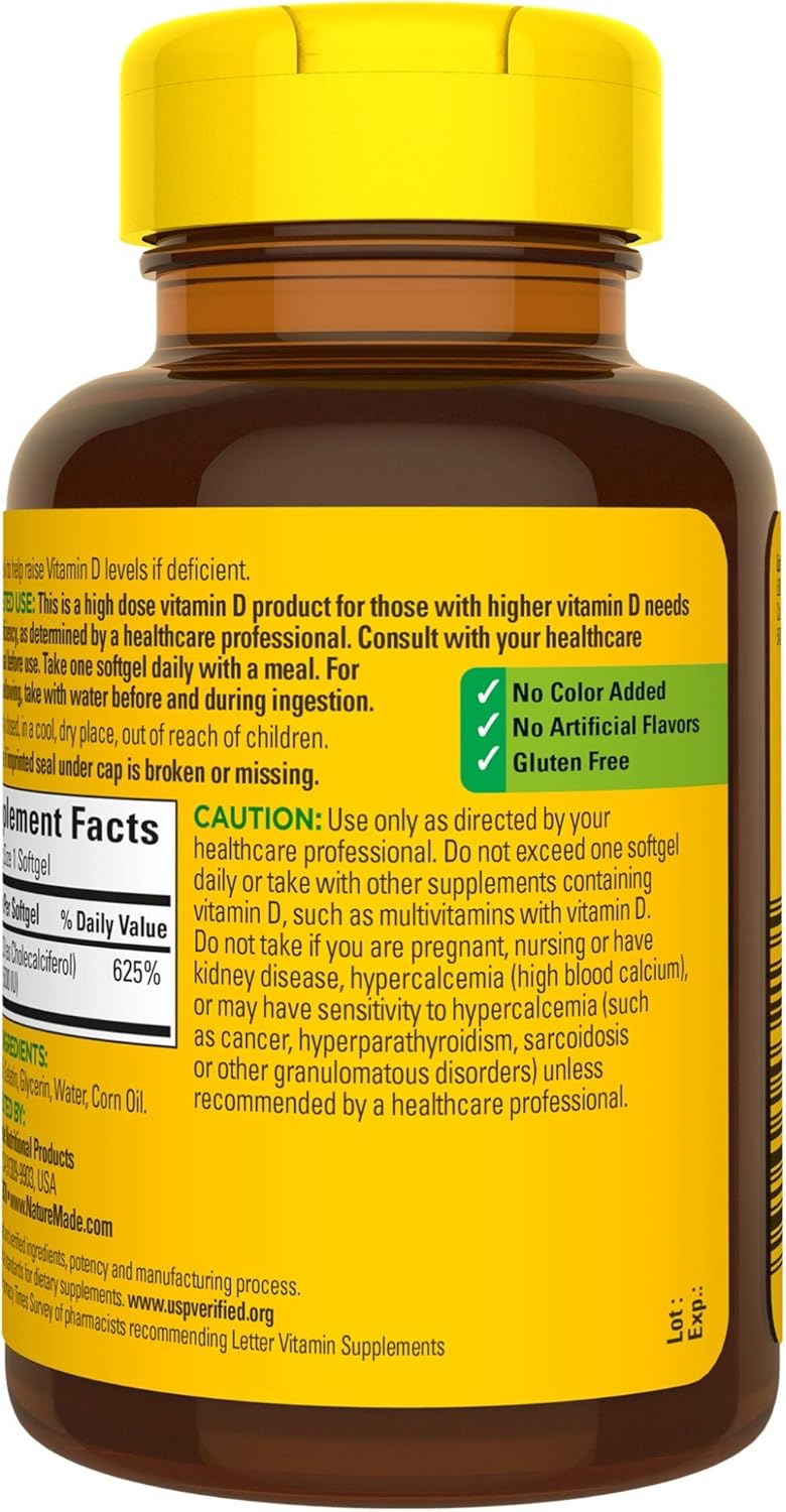 Nature Made Extra Strength Vitamin D3 5000 IU (125 mcg), Dietary Supplement for Immune Support, 360 Softgels, 360 Day Supply : Health & Household