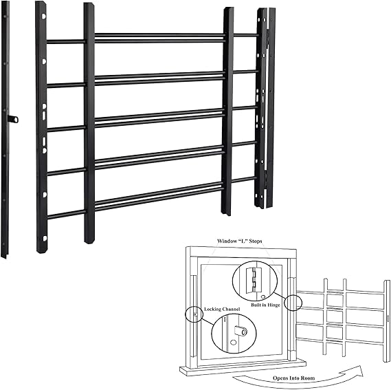 Grisham PP SPAG Window Security Bars 4Bar - 18"H X 22"-42" Adjustable Width, Quick-Release Egress, Black