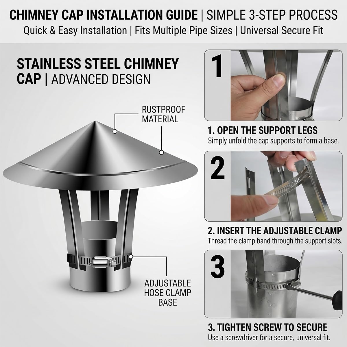 Sombrerete de Chimenea Ajustable Acero Inoxidable Tapa de Lluvia Caperuza Salida Humos Protector para Tubo de Estufa Ventilación de Techo Cubierta de Escape Exterior(150mm)