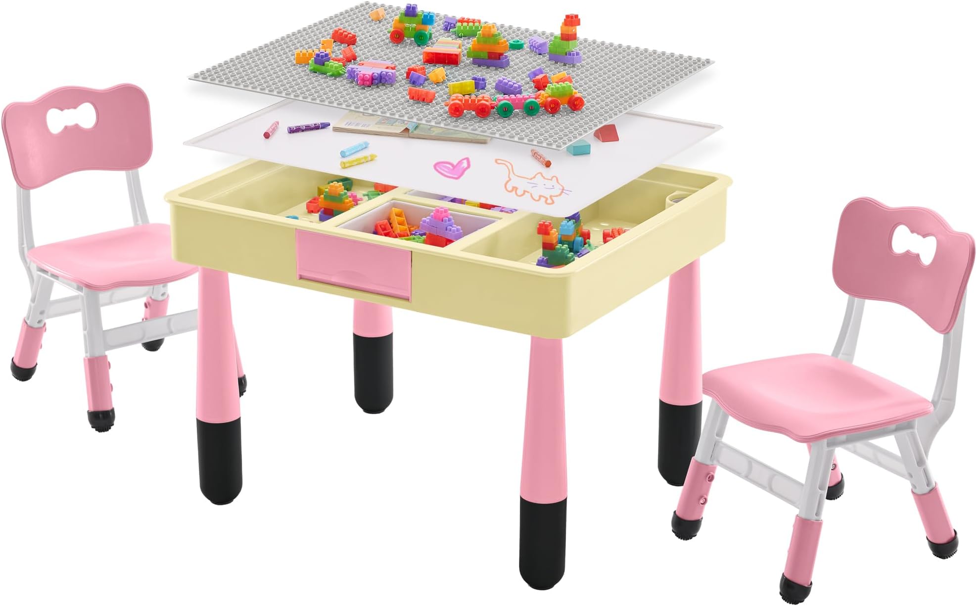 DOREROOM 4 in 1 Kids Table and 2 Chairs Set with Storage, Toddler Table and Chair Set for Kids Ages 3-10, Graffiti & Building Blocks Double-Sided Tabletop (Pink, 2 Chairs)