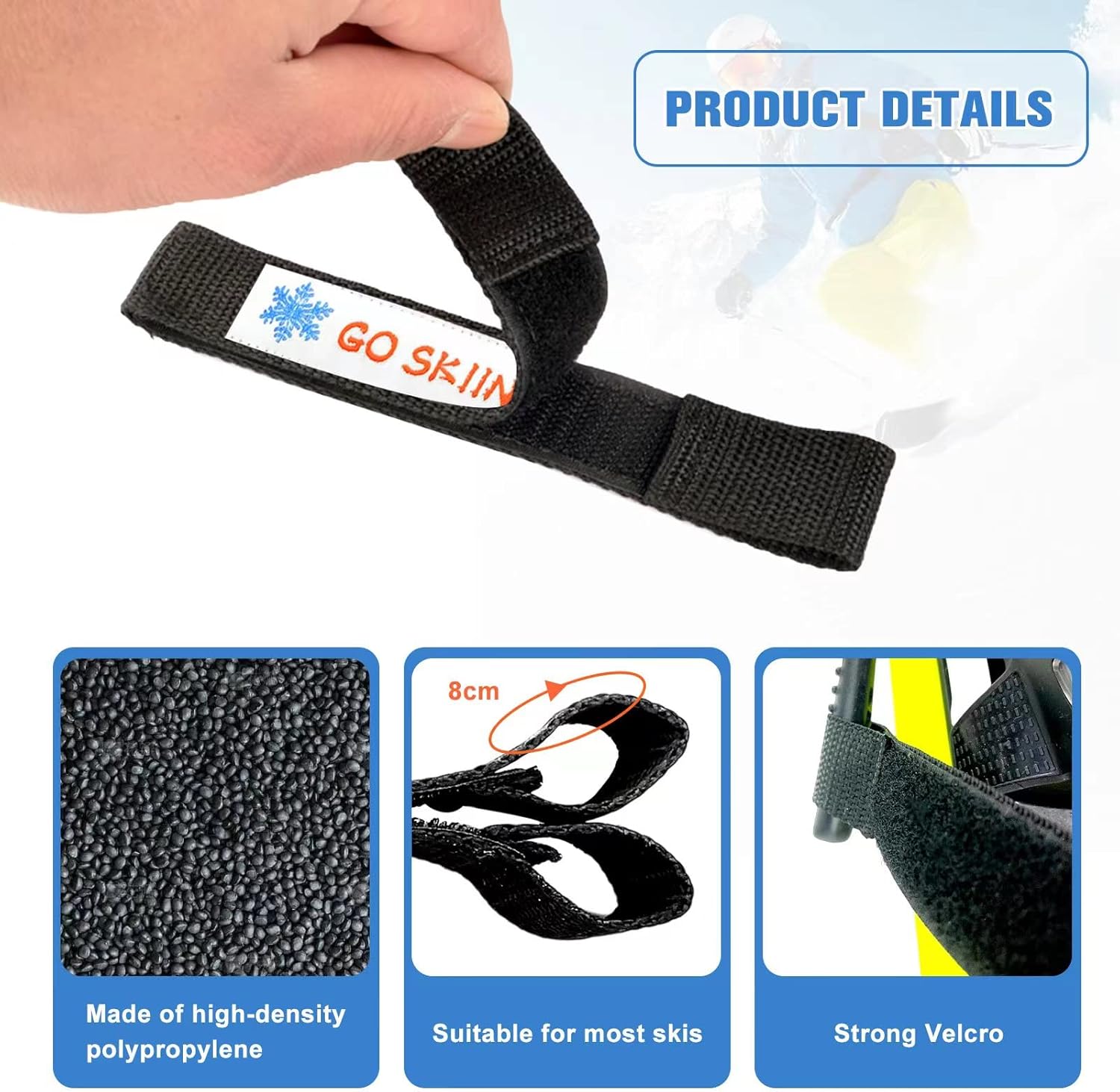 6/8 Pack Adjustable Extended Polypropylene Ski Retainers Strap with Hook and Loop, Easy to Use & Carry