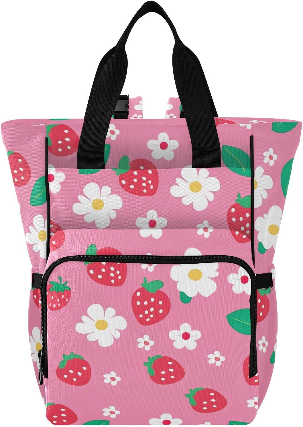 Bolaz Strawberry Flower Pink Diaper Bag Backpack Tote Multifunction Baby Nappy Changing Bags Large with Stroller Straps Travel