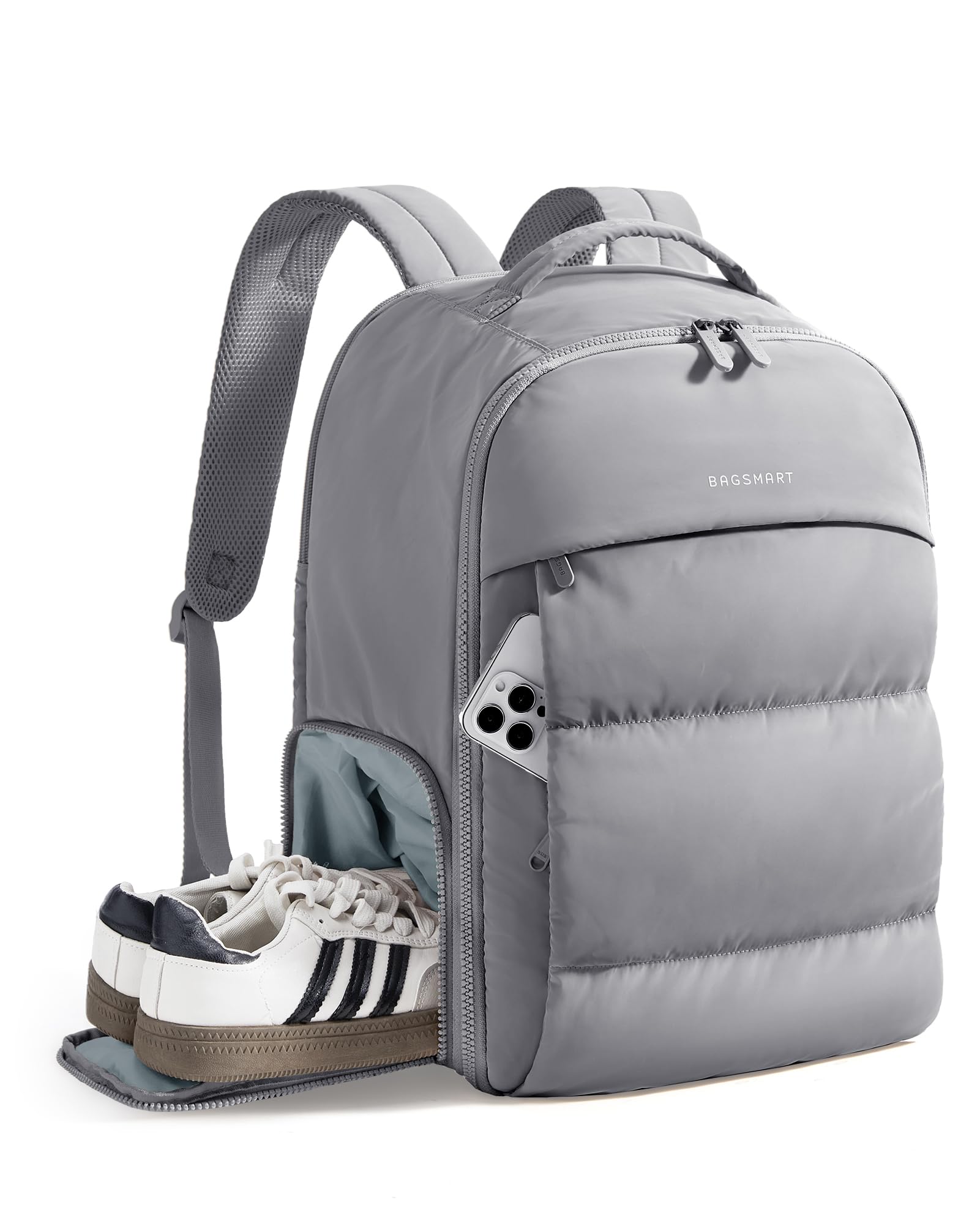 BAGSMART Mochila de Viaje para Mujer, 30 L, Mochila de Equipaje de Mano para Aviones, Mochila de Gimnasio con Compartimento para Zapatos, Bolsa de Viaje Ligera para 15,6 Pulgadas, Resistente, Gris