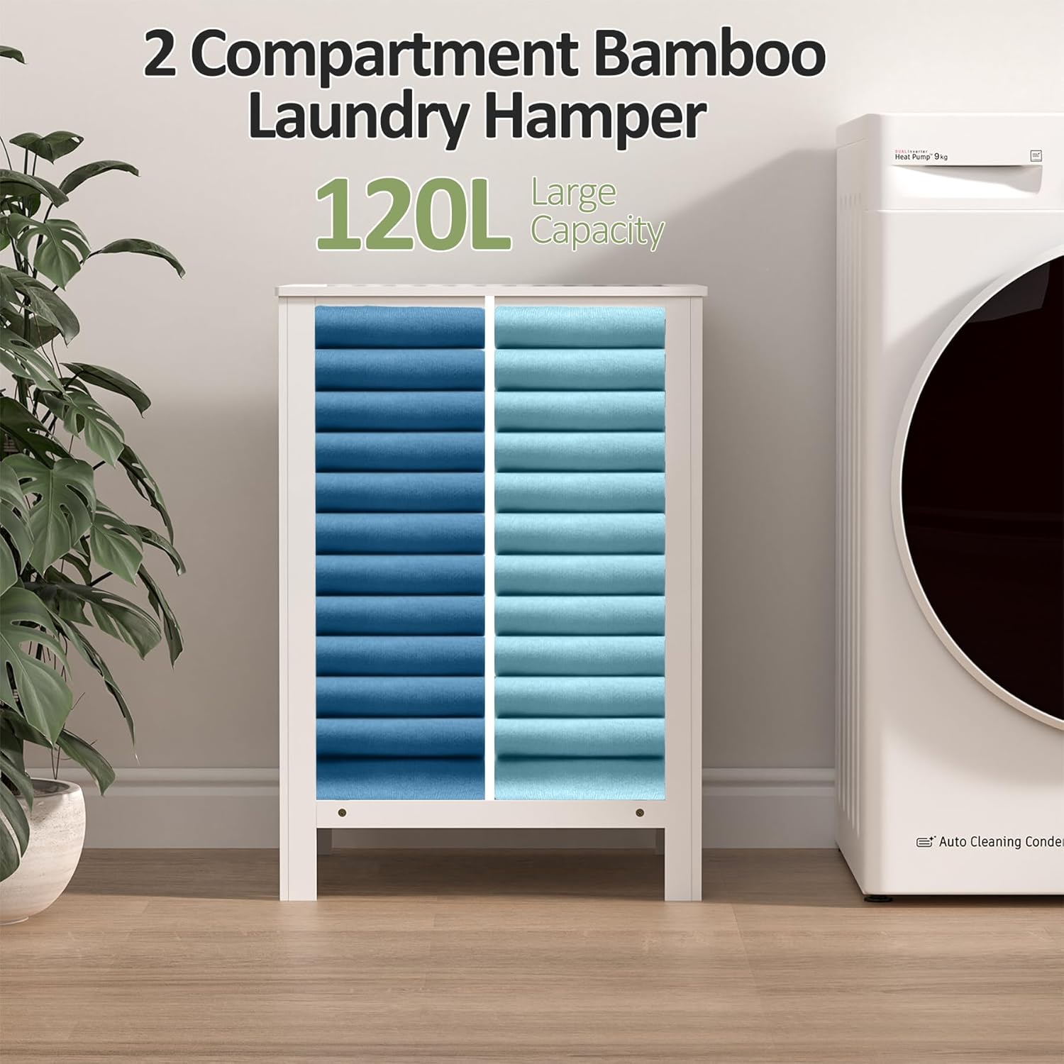 Bamboo Laundry Hamper with Lid, 120L Large Double Laundry Basket with Removable Liner Bag, 2-Section Clothes Laundry Sorter for Bedroom, Bathroom, Laundry Room,18.5 x 18.5 x 25.6 Inches