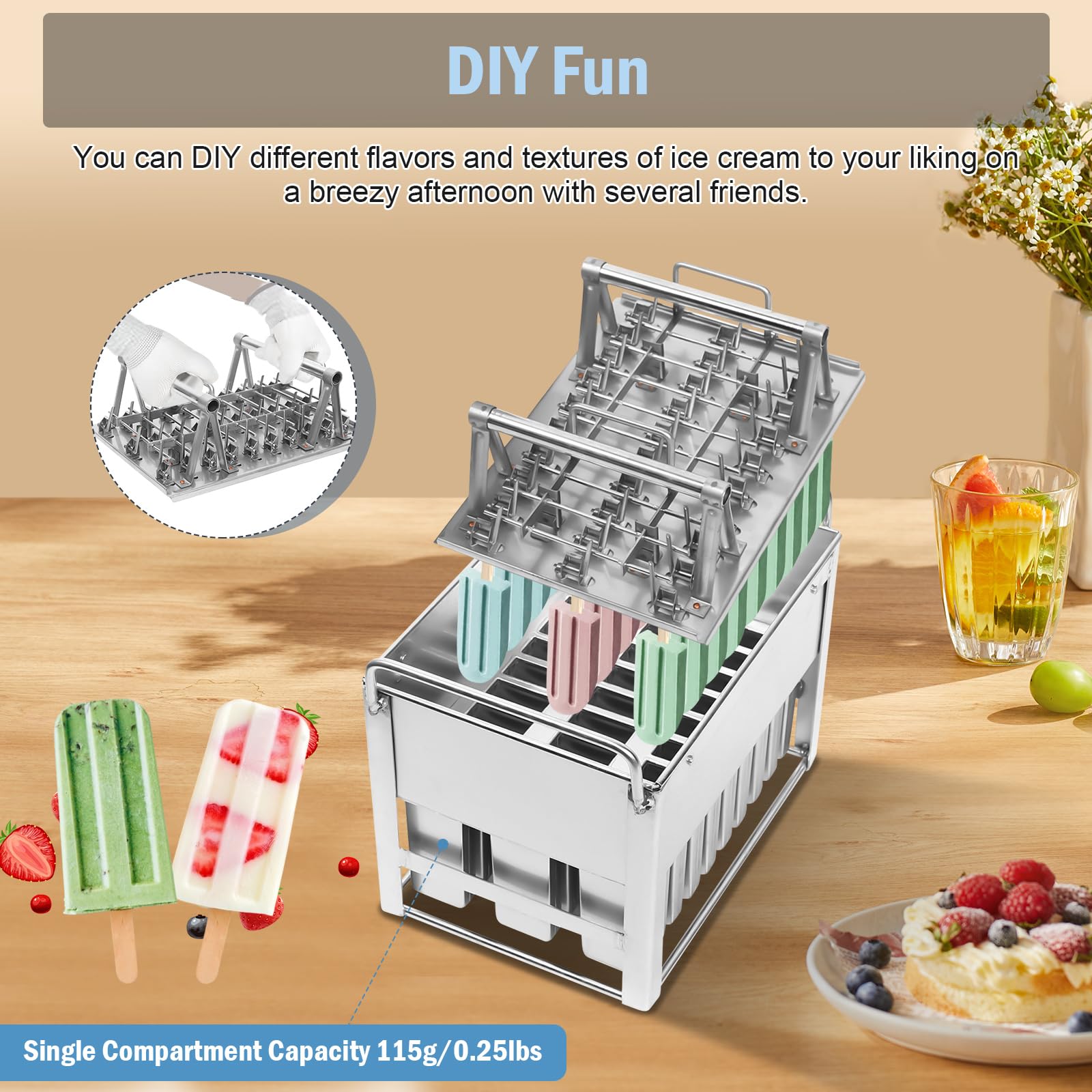 LIAPDG 30 Pcs Stainless Steel Ice Cream Stick Mold, Homemade Popsicle Mold Commercial Popsicle Molds Kit Ice Pop Lolly Popsicle Ice Cream Stick Holder Fast Freeze Mold