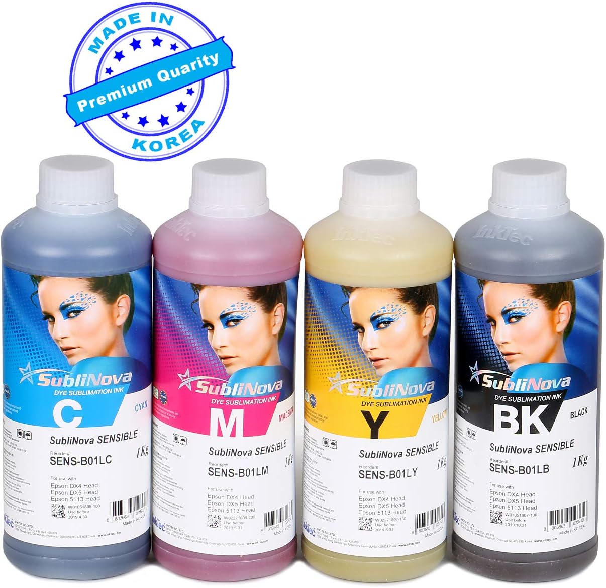 4 X 1000ml Professional Sublimation Ink Refills Made in Korea for Inkjet Printers with Epson DX4 DX5 5113 Head - Heat Press Transfer on Mugs, Plates, Polyester Shirts etc