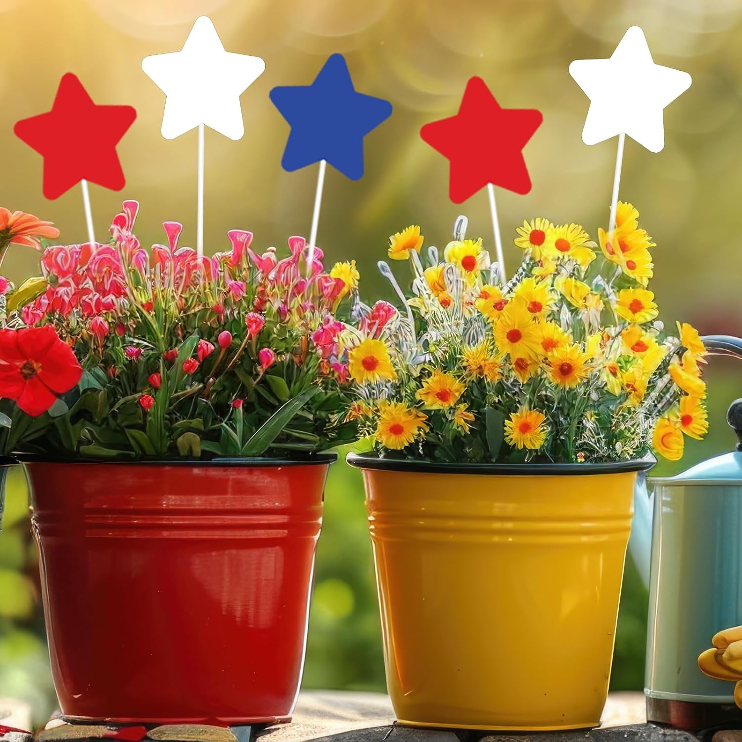 JarThenaAMCS 9Pcs Patriotic Star Metal Planter Stakes 4th of July Star Decorative Garden Stakes Red Blue White Yard Sign for Planter Pot Walkway Lawn Independence Day Decor