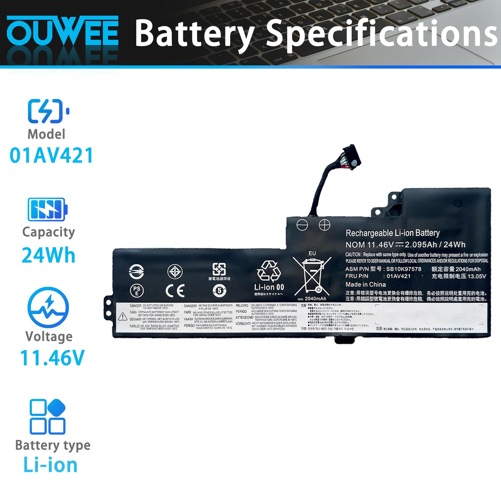 OUWEE SB10K97578 01AV421 Laptop Battery Compatible with Lenovo ThinkPad A475 A485 T470 T480 TP25 Series Notebook 01AV489 01AV420 SB10K97577 01AV419 SB10K97576 11.46V 24Wh 2095mAh