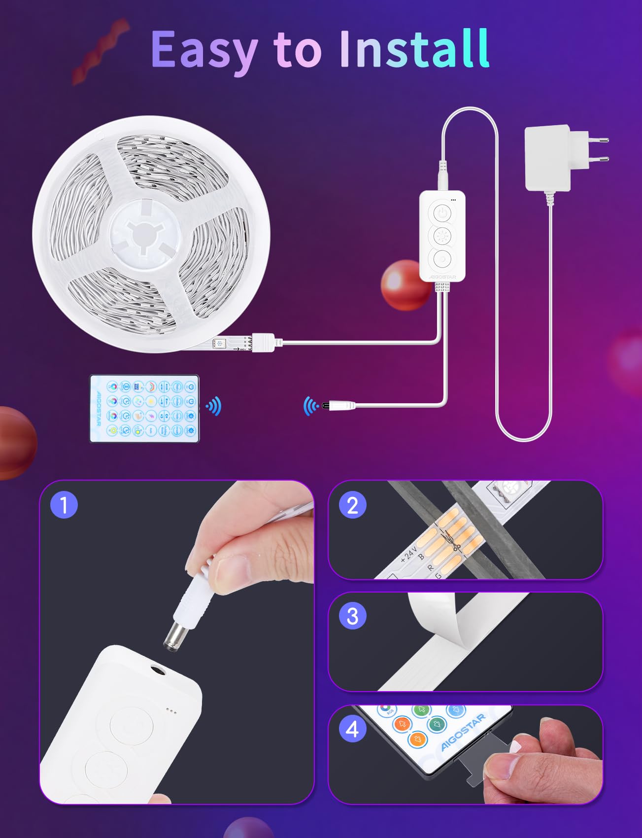 Taśma LED Aigostar Alexa, RGBIC, 10 m (30 diod LED/m), 24 W, oświetlenie Alexa z segmentowym sterowaniem, synchronizacją muzyki i kolorami DIY do pokoju, na imprezę, do majsterkowania