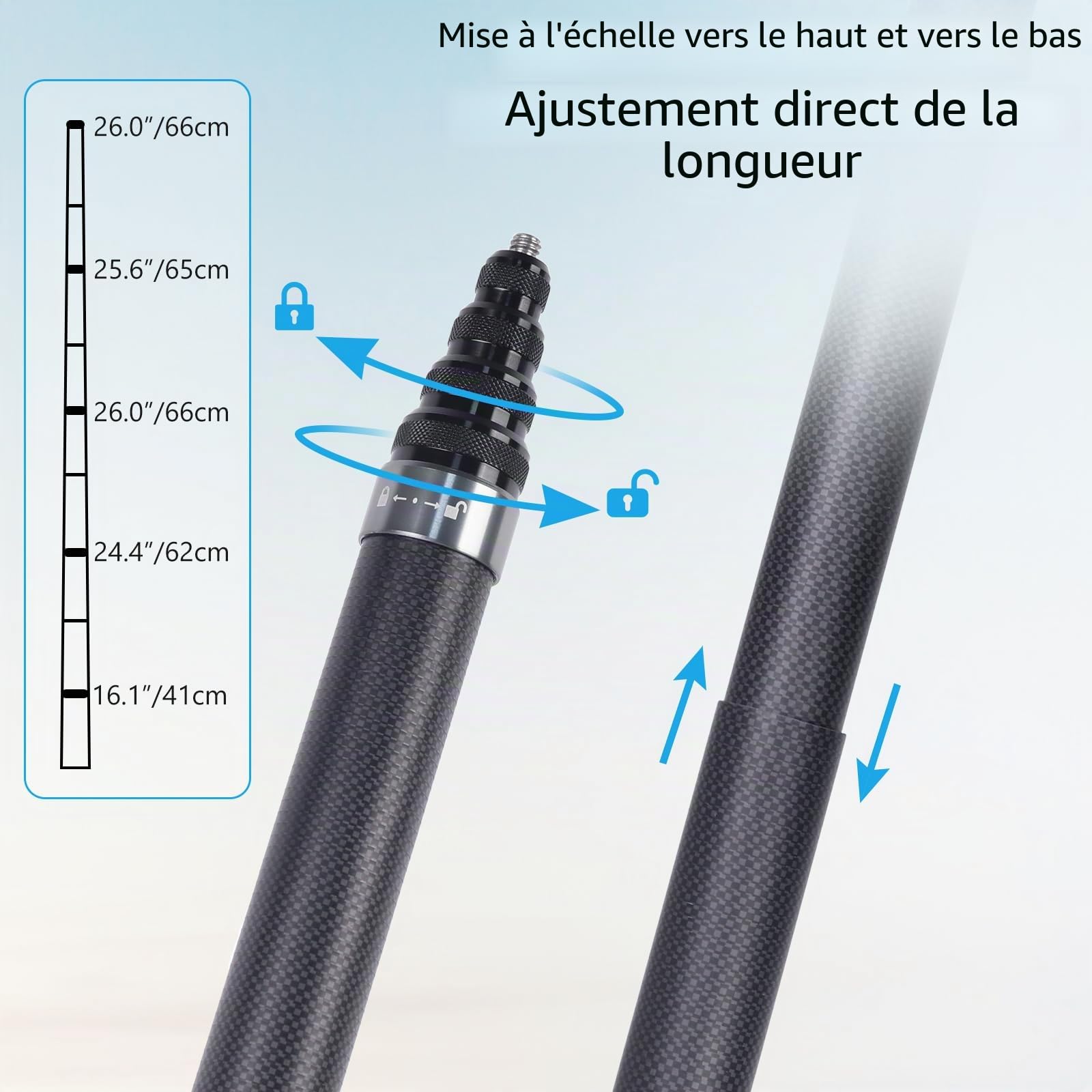 ARTCISE Perche à Selfie en Fibre de Carbone 300cm, SS300 Perche à Selfie Longue en Fibre de Carbone pour Caméra d'action pour GoPro Hero pour GoPro pour DJI Osmo Action pour Caméra