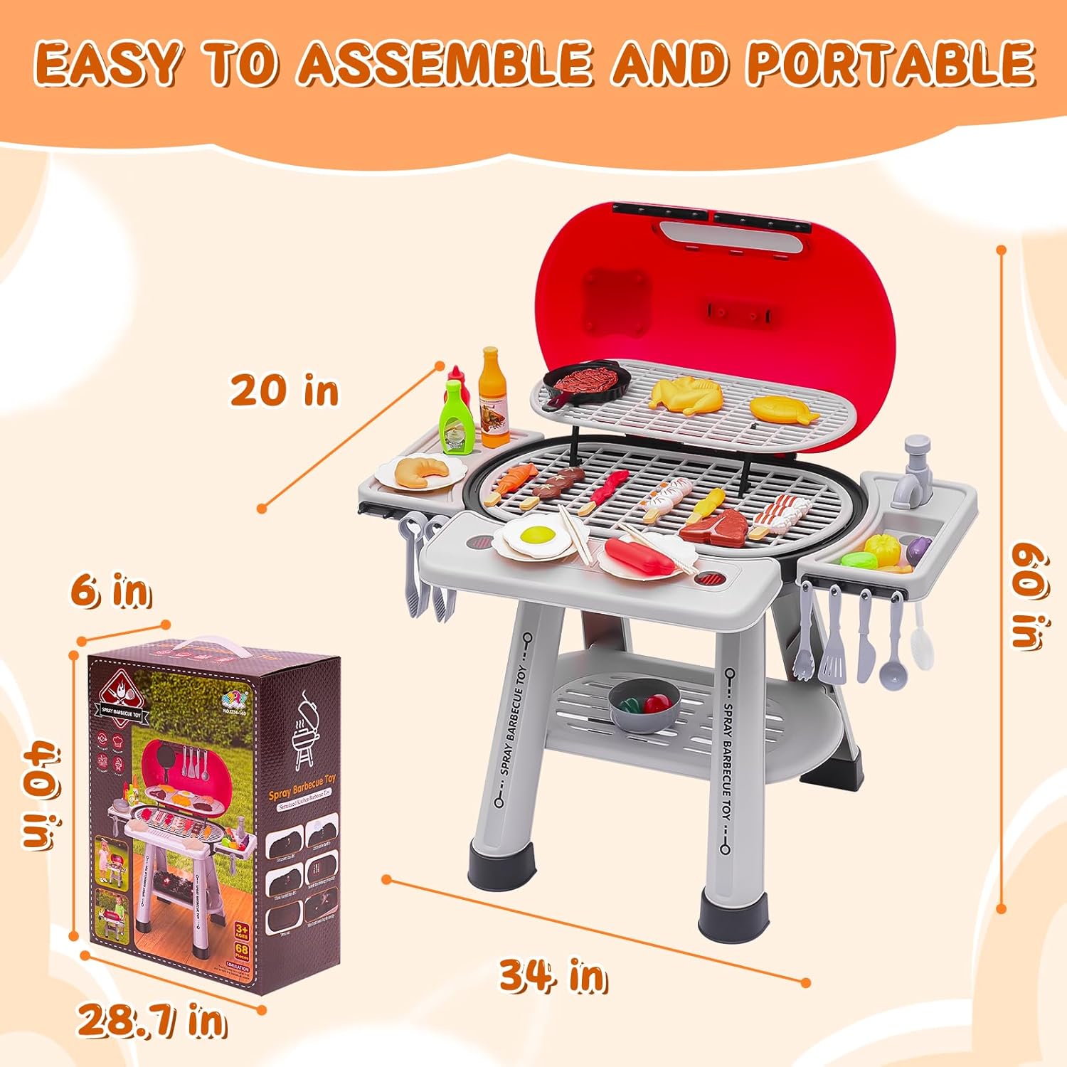 Kids BBQ Grill Toy with Light-Up & Smoke Effect – 68PCS Accessories & Play Food, Pretend Play Grill Set for Toddlers Ages 3+, Realistic Outdoor Barbecue Cooking Toy for Boys and Girls