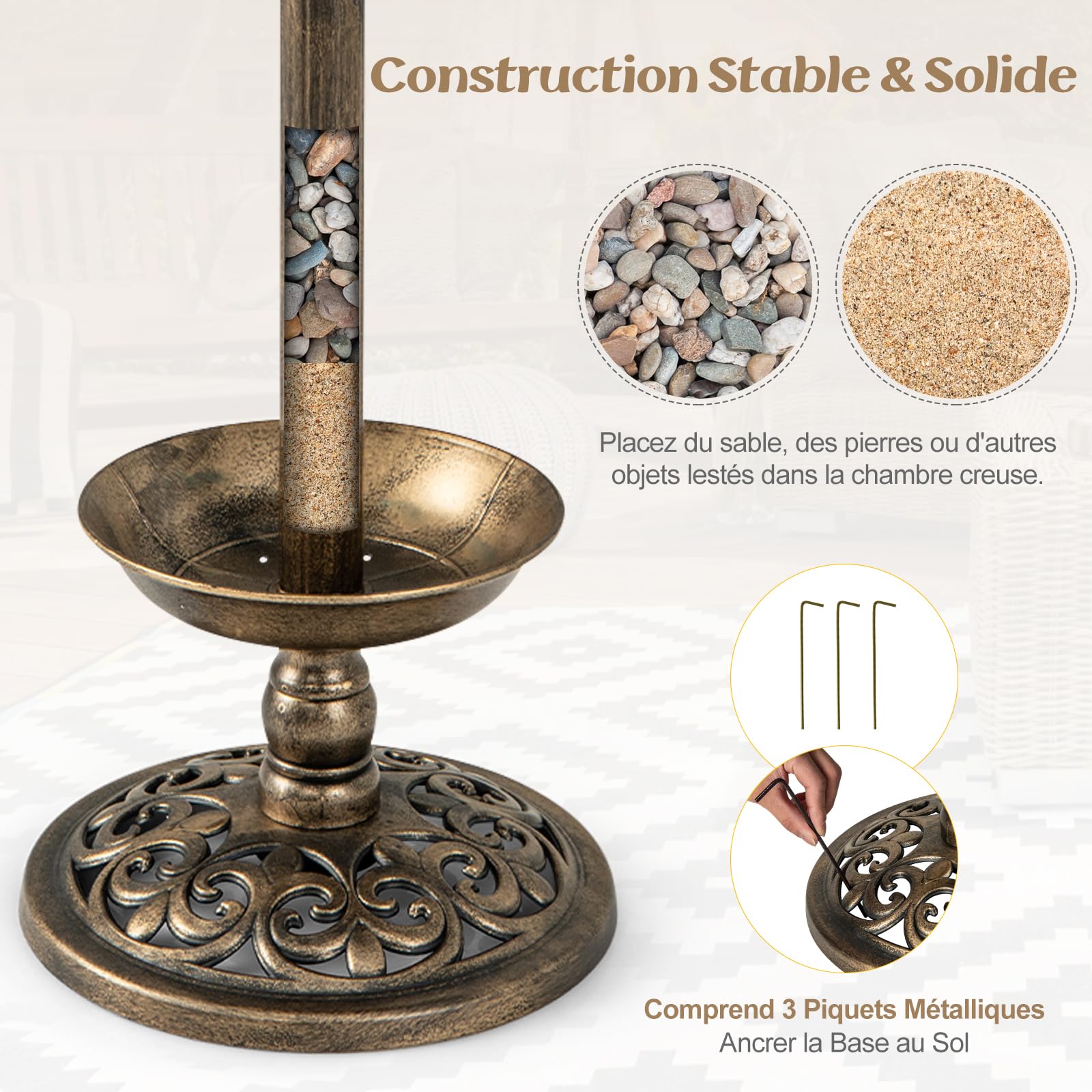 GOPLUS Bain Oiseuax Sauvages sur Pied, Fontaine Oiseaux Exterieur, Bronze | Abreuvoir en PP, dim. Ø43x110H CM, Base Remplissable et 3 Piquets, 2 Lampes à Solaire, Antique Décoration pour Jardin, Cour