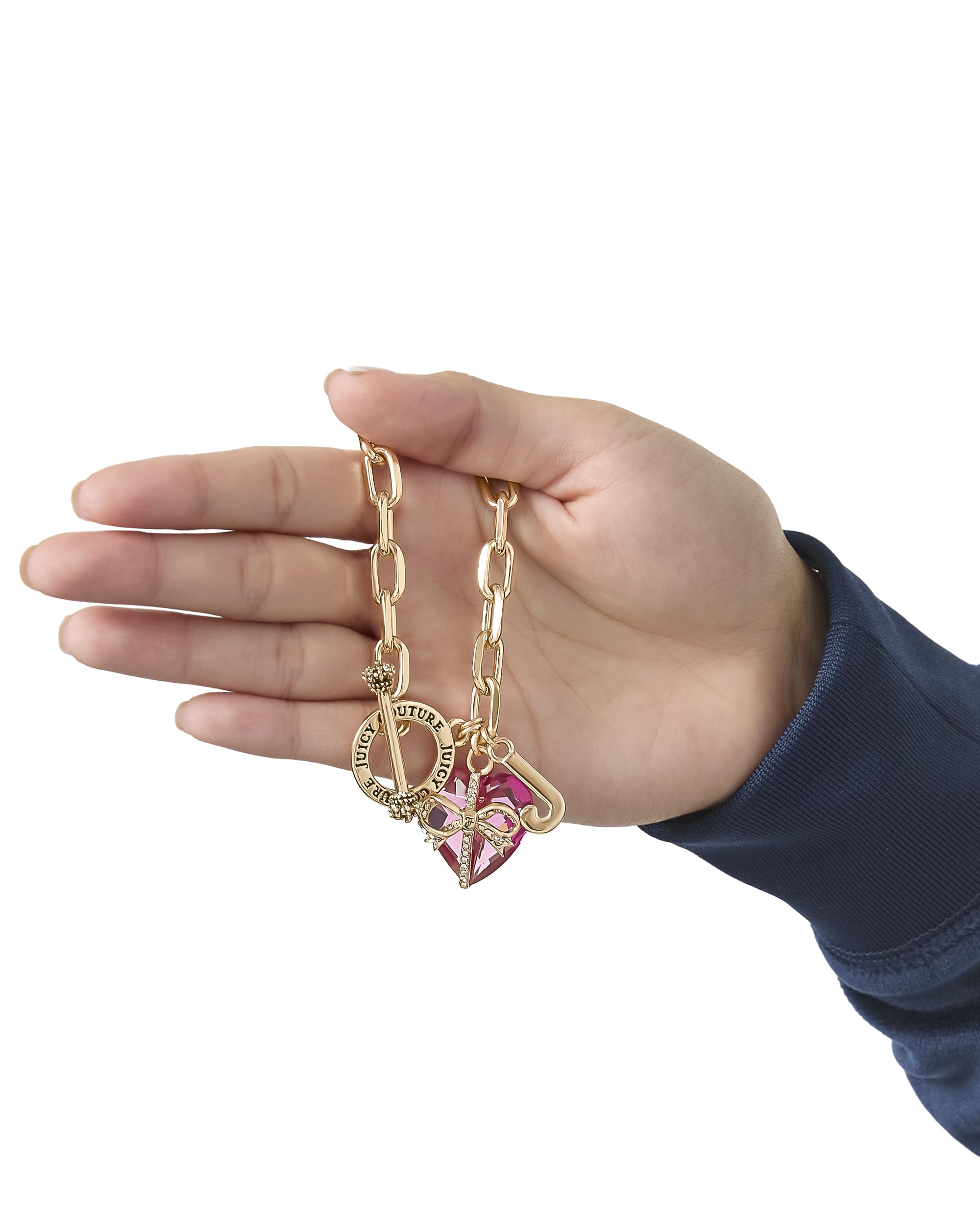 Juicy Couture Bracelet with Charms 7.5", Goldtone Toggle Bracelet for Women with Pink Stone Heart Charm, Y2K Jewelry