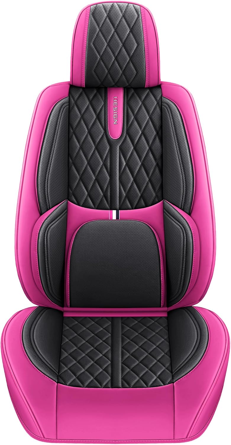 Comfortable Leather Auto Car Seat Covers Front & Rear Seat Protector Fit Sedan SUV 5 Seats Full Set Universal Fit (Black & Rose)