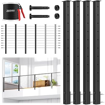 Swageless 12-20FT Side Mount Cable Railing Post Kits 36 Inch, All Black Space-Saving Fascia Mount Level Railing System Include 4 Side Mount Posts, 207FT Cable, 20 Swageless Patent Tensioner