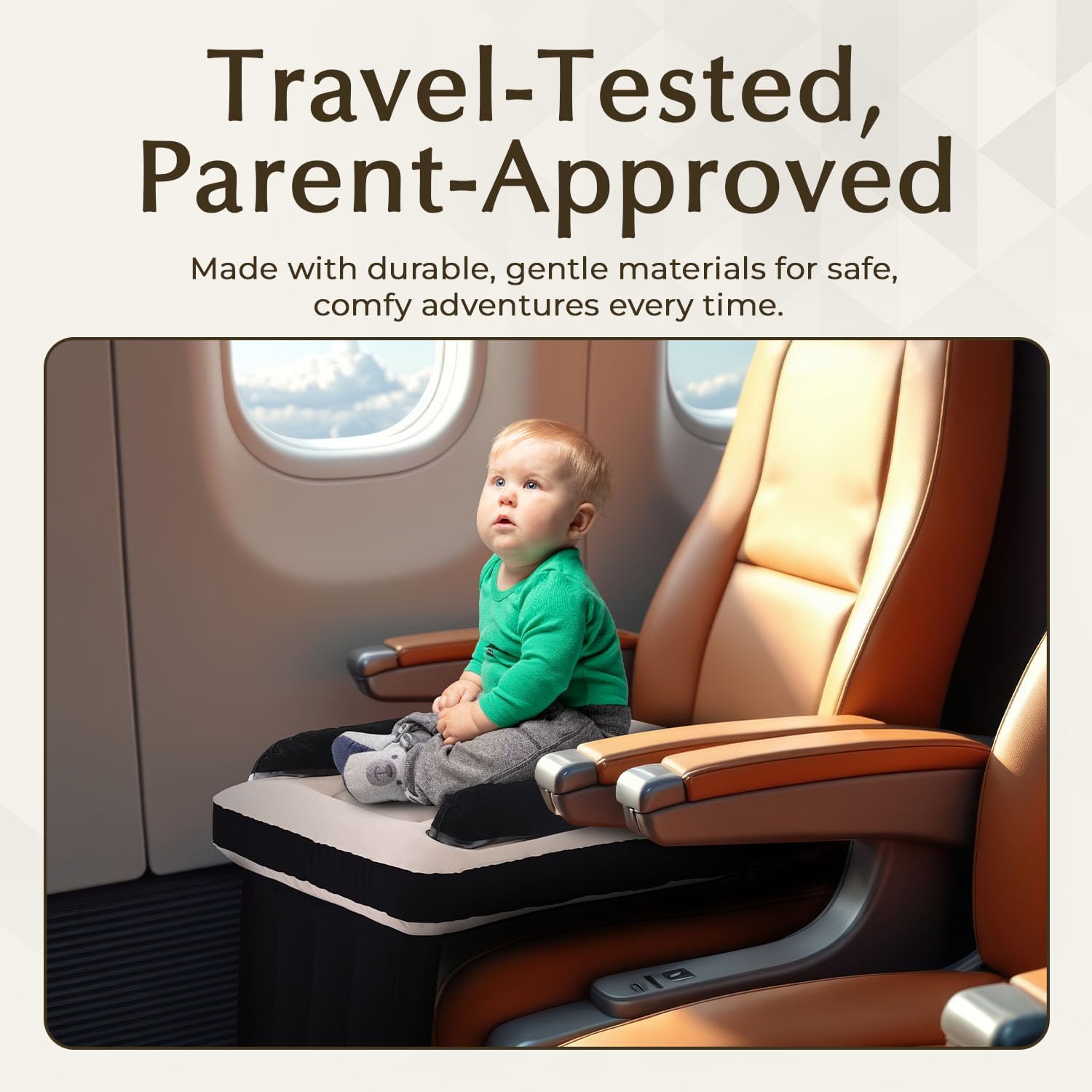 Luxury Toddler Airplane Bed – Travel Bed & Airplane Seat Extender for Kids with Carry Bag, Air Pump, Pillow & Blanket – Black & Beige