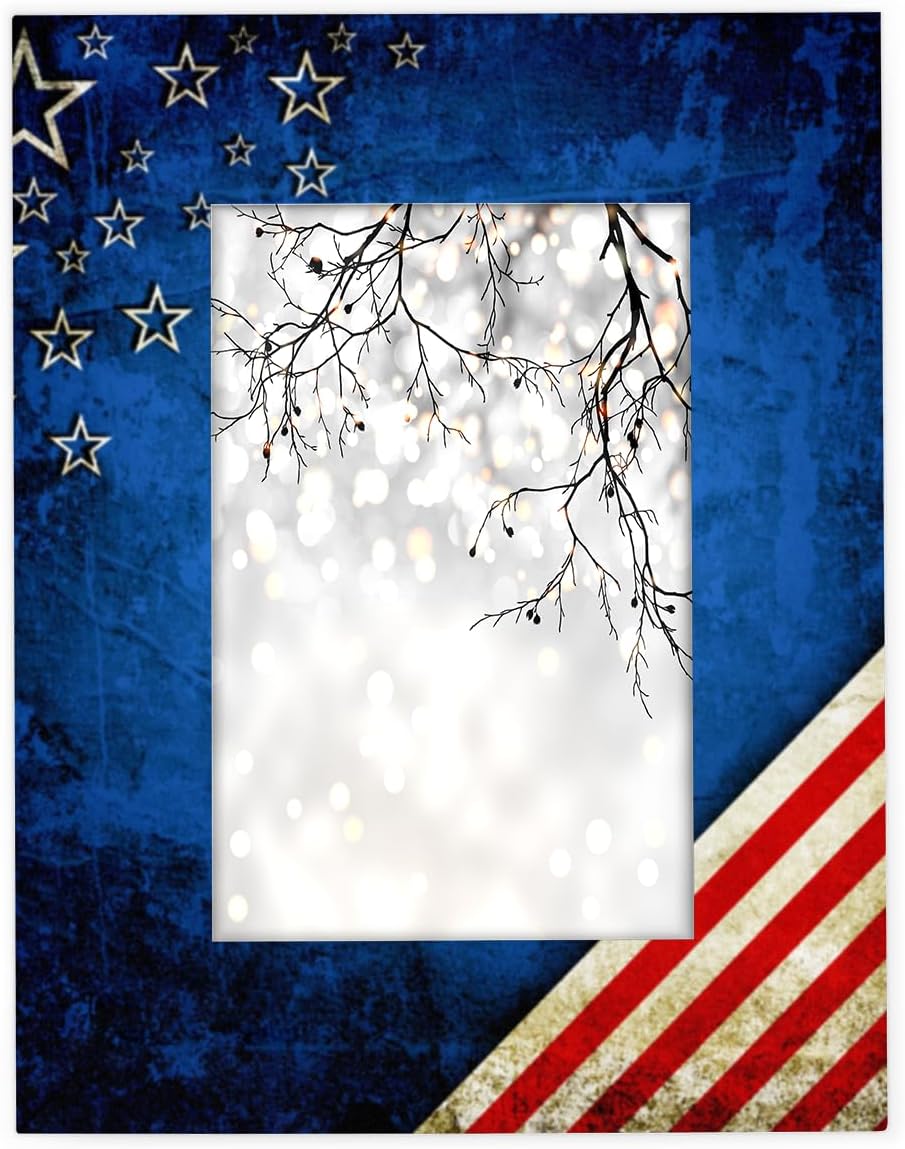Art Vintage American Flag 5x7 Picture Frame Wood Photo Frame for Tabletop Display Wall Mount Picture Frame Display 5x7 or 5x5 Inch Photo Wall Decor Home Collage Office Gifts
