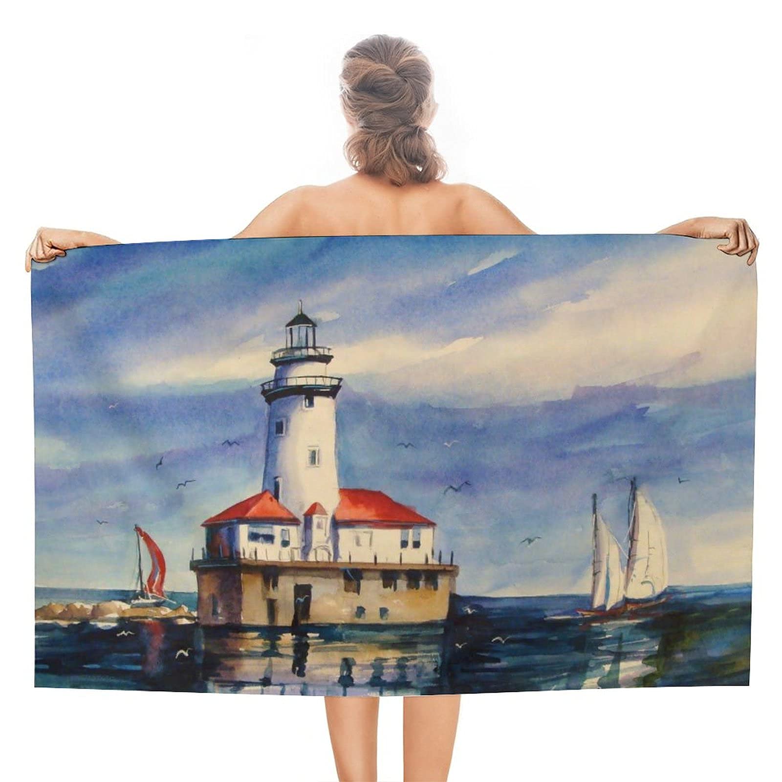 Lsjuee Beautiful Lighthouse and Ship Beach Towels for Adults Absorbent Superfine Fiber Beach Towel Oversized Kids for Picnic Cruise Swimming Class Other Water Activities SPA Honeymoon Beach 32INx52IN