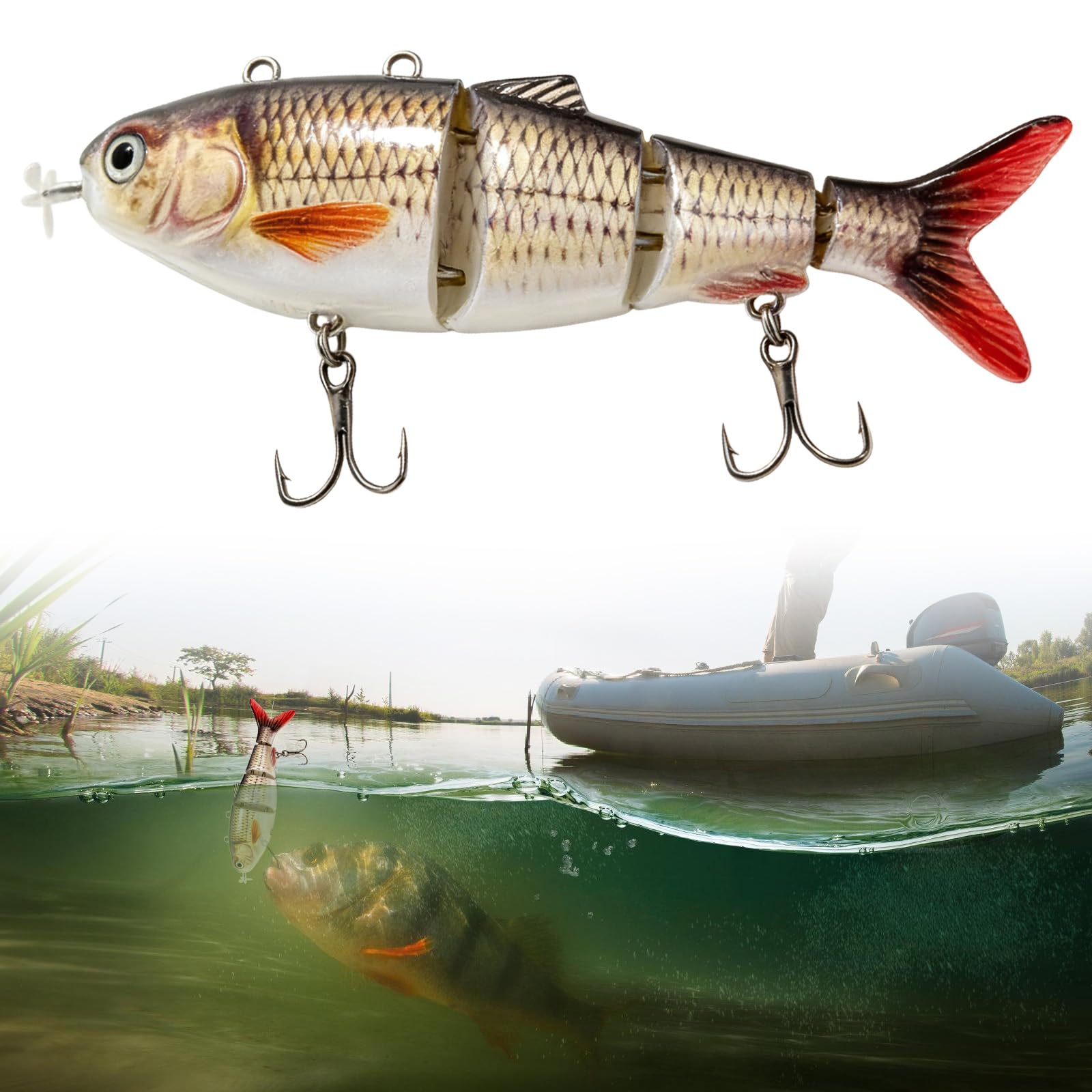 GAOUTO Elektrischer Angelköder: Grünes LED-Licht Roboter Angelköder, 3D-Design Wiederaufladbarer Schwimmköder, Metallglieder Mehrgelenkiger Köder, für Süßwasserangeln