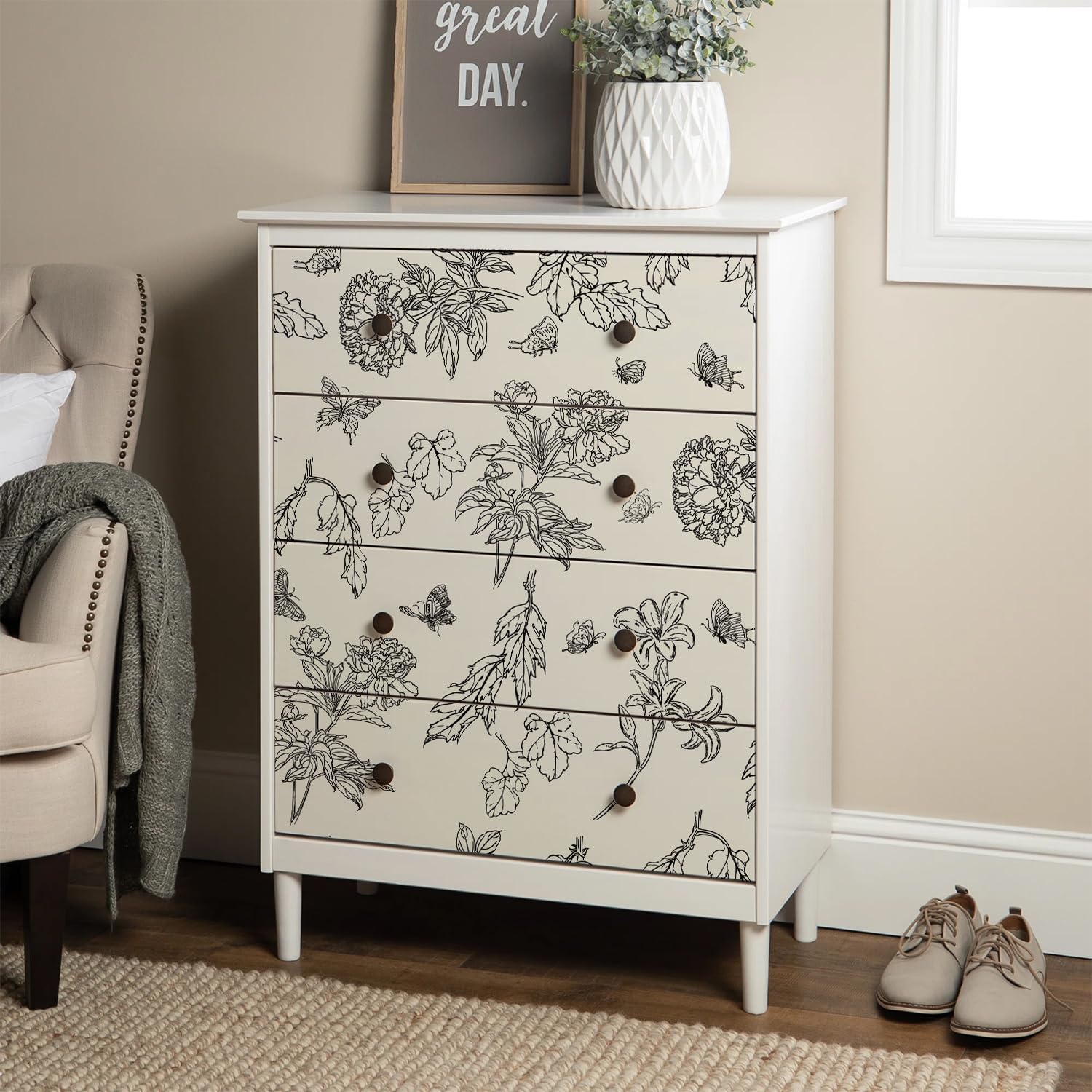Floral Peel and Stick Wallpaper Vintage 17.7"X393" Butterfly Peony Flower Wallpaper Black and Cream White Floral Contact Paper Removable Adhesive Vinyl Wall Paper for Cabinet Bedroom