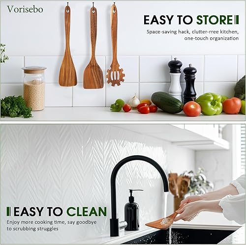 Miniatura 6 de Cucharas de madera para cocinar, juego de utensilios de madera de teca natural, juego de utensilios de cocina de madera hechos a mano de 10 piezas