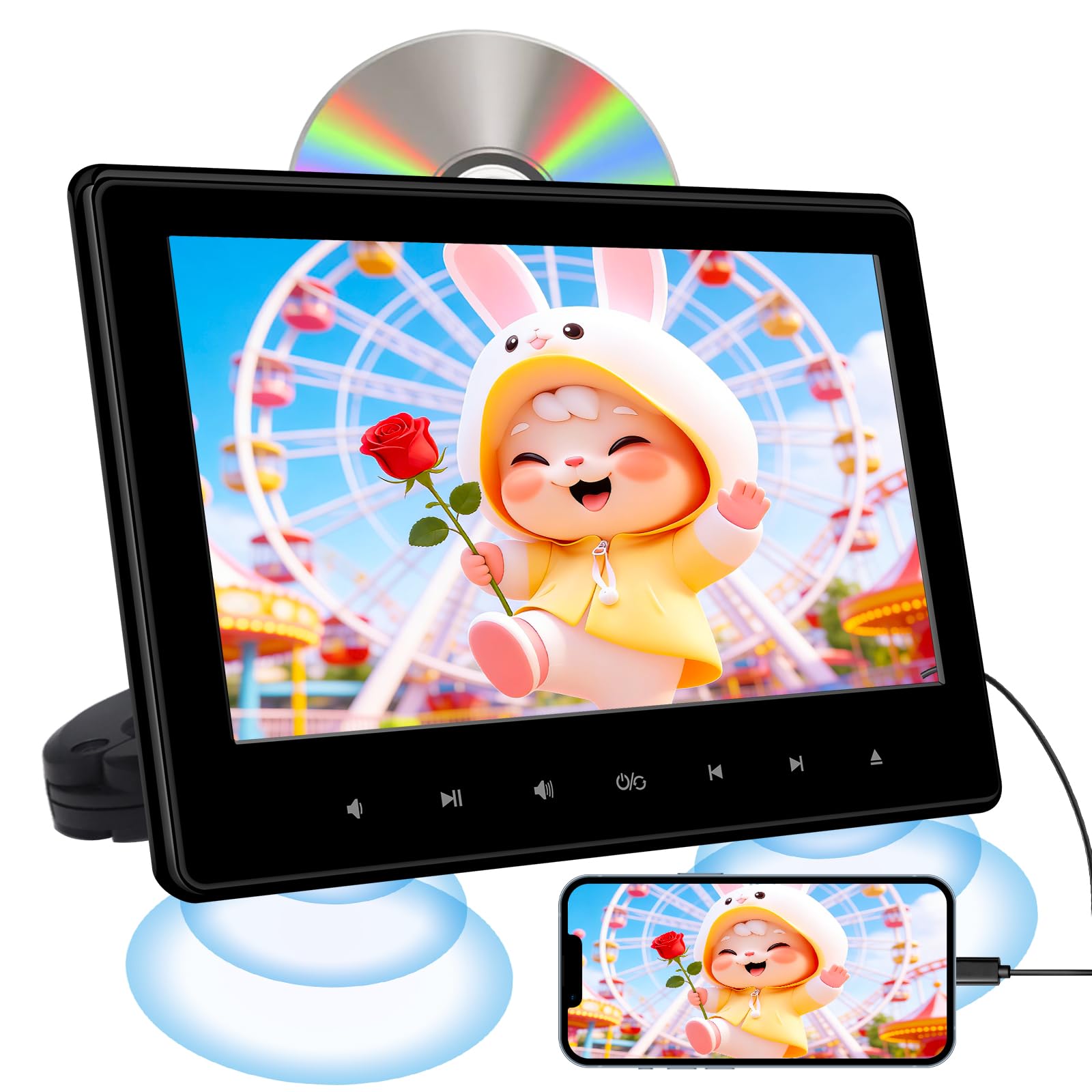 10,1" DVD Player Auto mit HDMI-Eingang, Tragbarer Auto DVD-Player mit Kopfstützenhalterung, Disc-Eingang mit Saugnapf, Unterstützt Letzter Speicher, USB/TF-Karte
