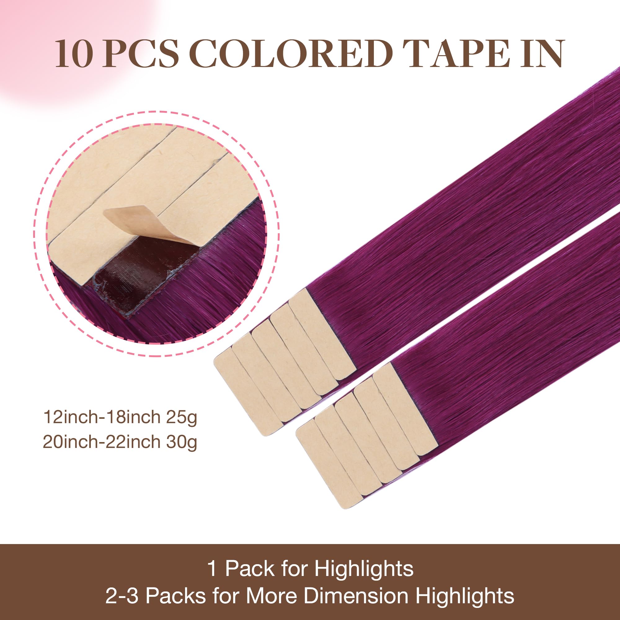 GOO GOO Tape in Hair Extensions Human Hair, Violet 10pcs 25g 16inch, Colored Tape ins Human Hair Extensions - Image 3