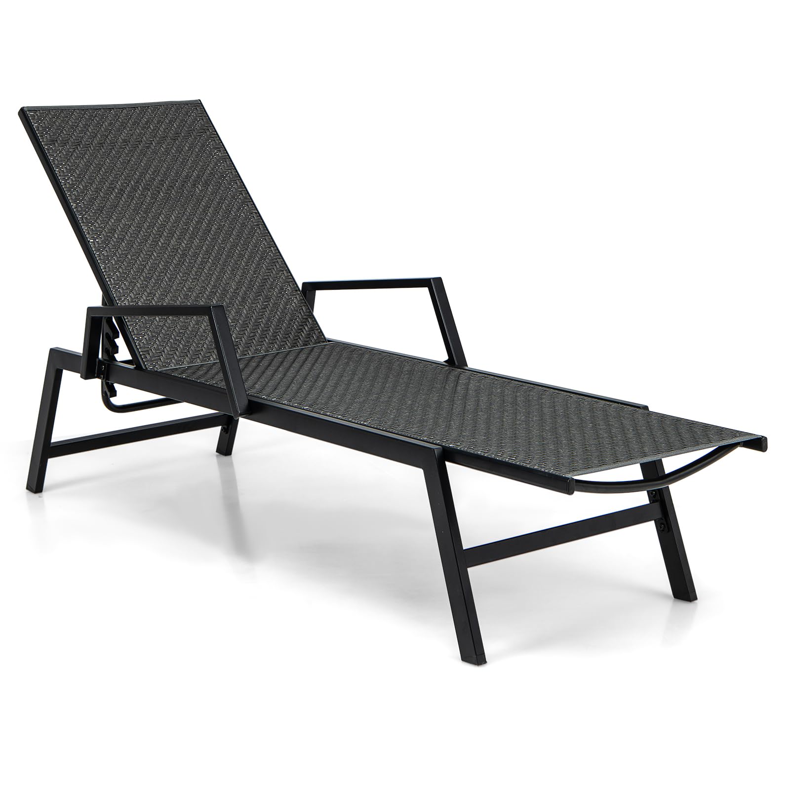 COSTWAY Rattan Sun Lounger, 5 Positions Adjustable Garden Chaise Lounge Chair Deck Sunbed with Armrests, Metal Frame PE Wicker Outdoor Reclining Chair for Patio, Balcony, Yard and Poolside