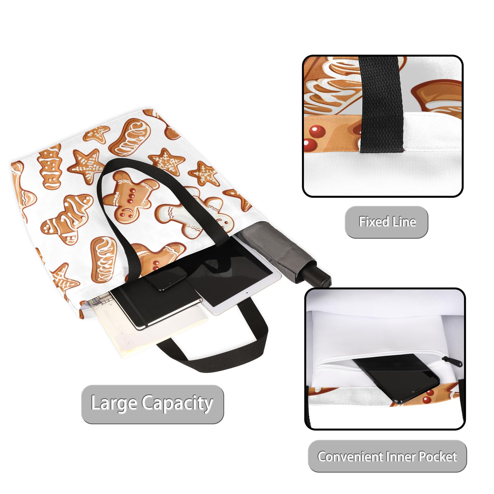 Mularoka Cute Gingerbread Large Capacity Canvas Tote Bag Stylish Handheld Shoulder Bag Reusable Shopping Bag for Work Travel Beach Trips Shopping