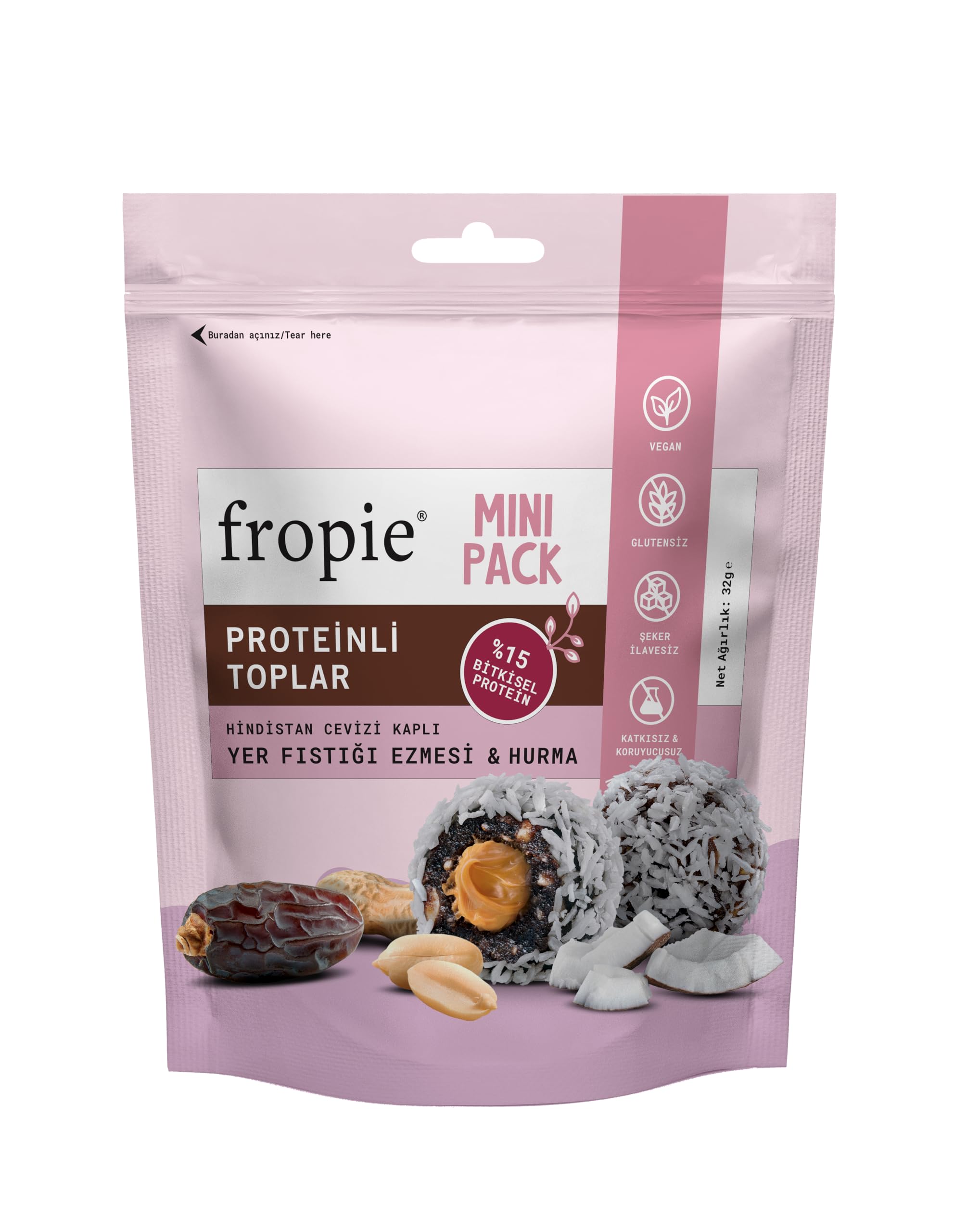 Fropie Mini Protein Topları - Hindistan Cevizi Kaplı & Yer Fıstığı Ezmeli 32 gr