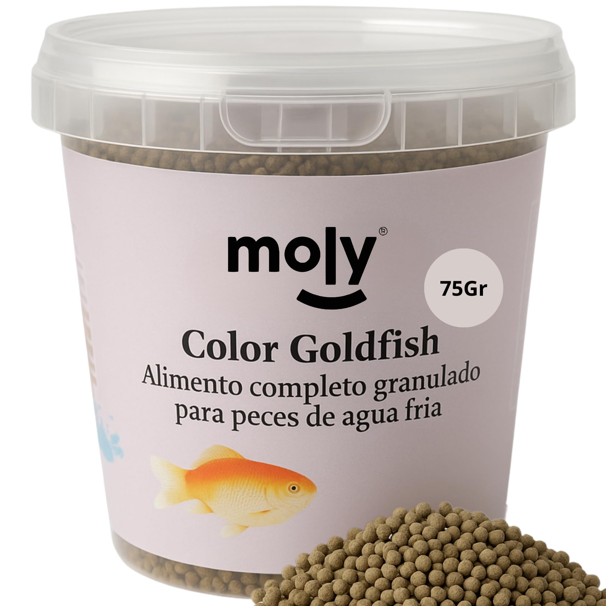 Moly Alimento Granulado para Peces de Agua Fría 75 GR / 365 ML | Comida Goldfish y Kois Jóvenes 75GR | Peces Sanos | Fácil Digestión y Potencia Color Pez | Refuerza el Sistema Inmune del Pez