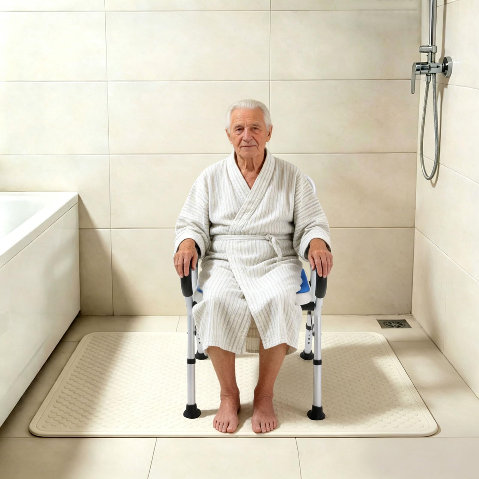 Taburete de ducha para personas mayores, silla de ducha con reposabrazos y respaldo, taburete de ducha plegable, altura regulable, taburete de baño, capacidad de carga de 150 kg, ayuda para la ducha