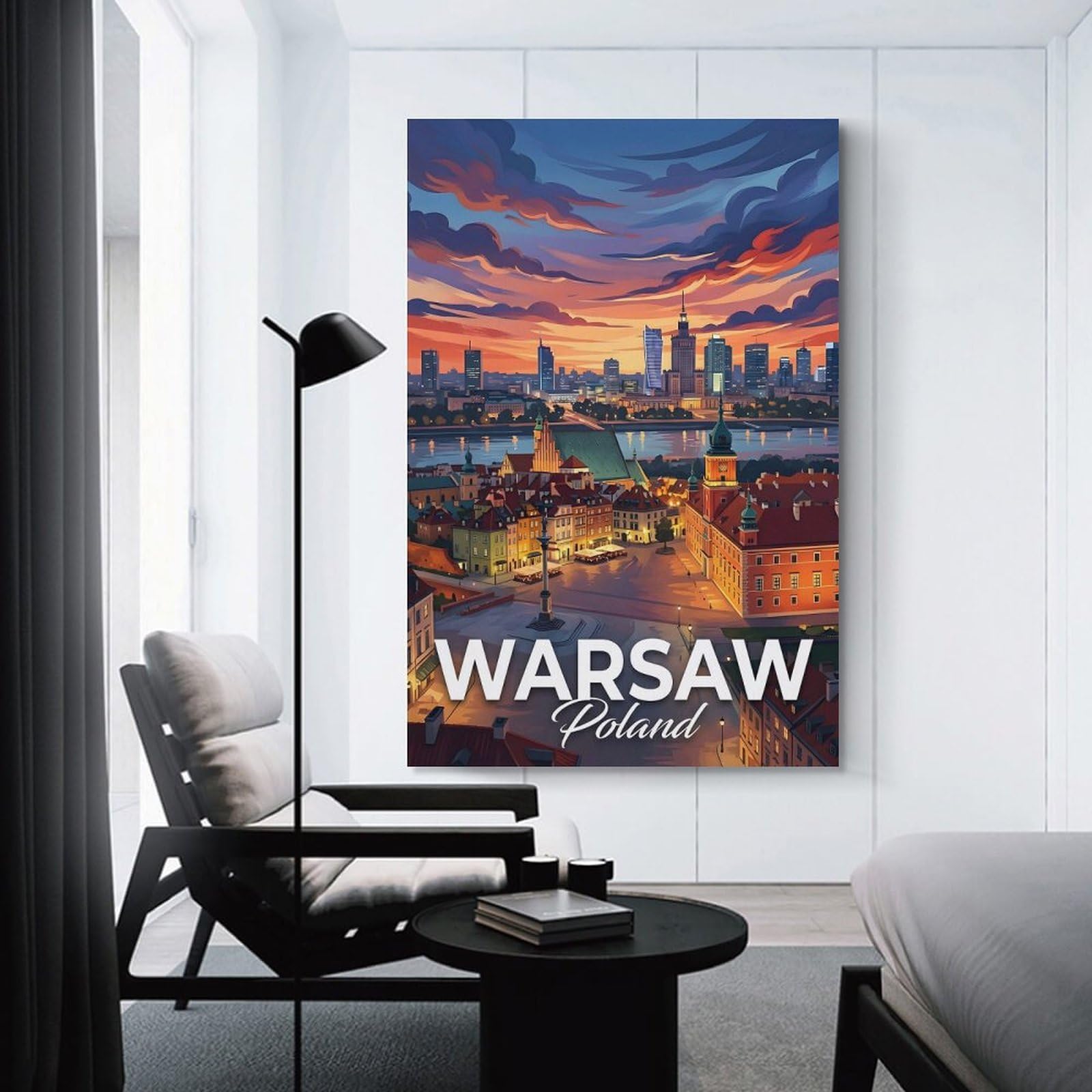 Junmoney Decorative Wall Artwork Warsaw, Poland Cityscape at Sunset, 20x30inch(50x75cm), for Lounge, Bedroom Or Personal Spaces, Gift Idea for Housewarming And Birthdays