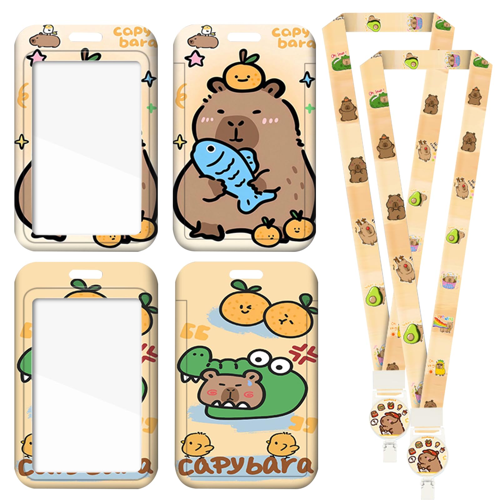 FOSDICK 2Pcs Retractable Lanyard with Card Holders, Capybara Print Detachable Badge Holder, Cute Card Holder for Lanyard Retractable, Lanyards for Neck with card holder for Teachers, Doctors, Students