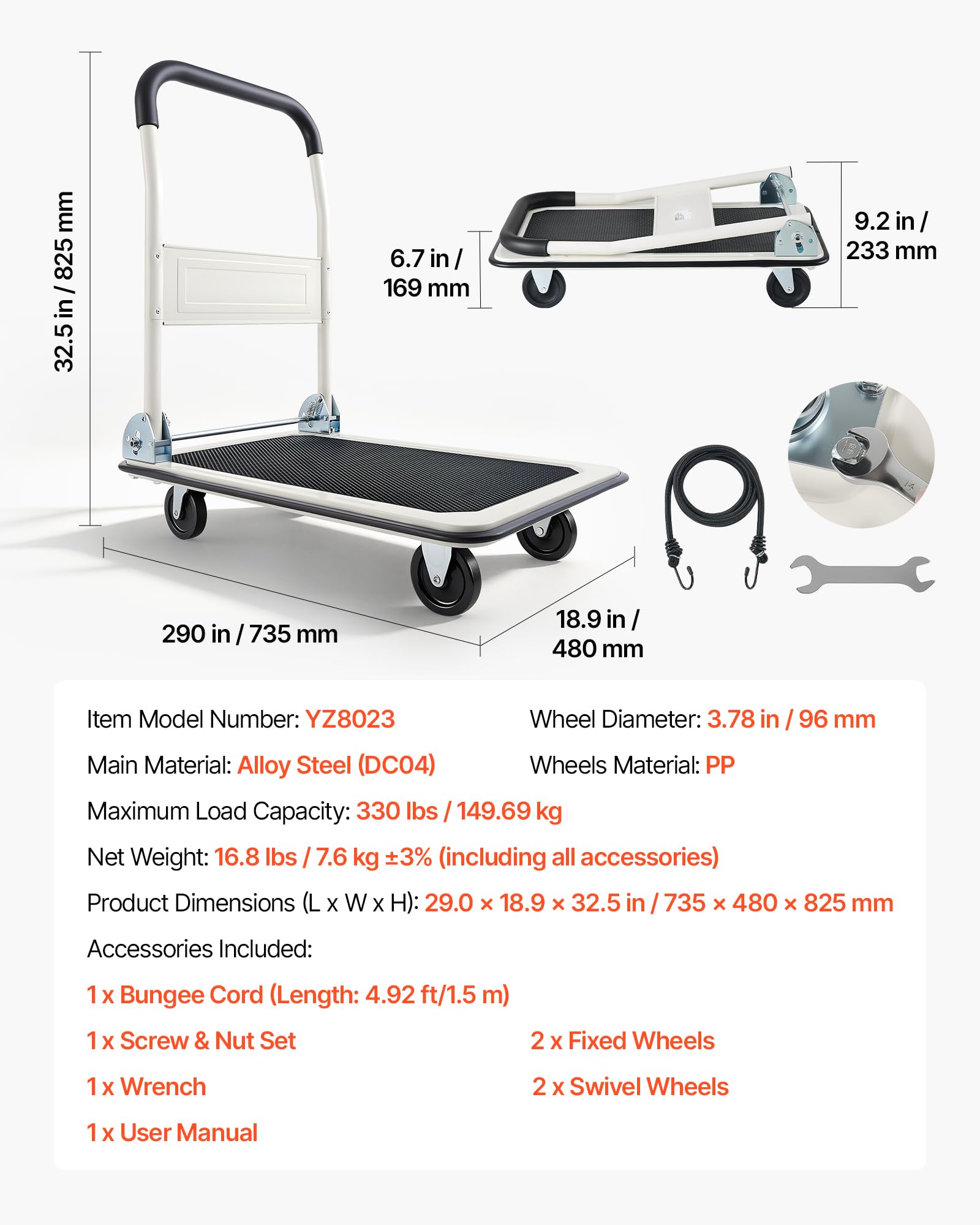 VEVOR Plattformwagen Klappbar 150 kg, Transportwagen mit Lenkrolle, Handwagen Ladefläche mit Anti-Rutsch-Beschichtung, Transporthilfe für Einfache Aufbewahrung, 735x480x825 mm Rollwagen