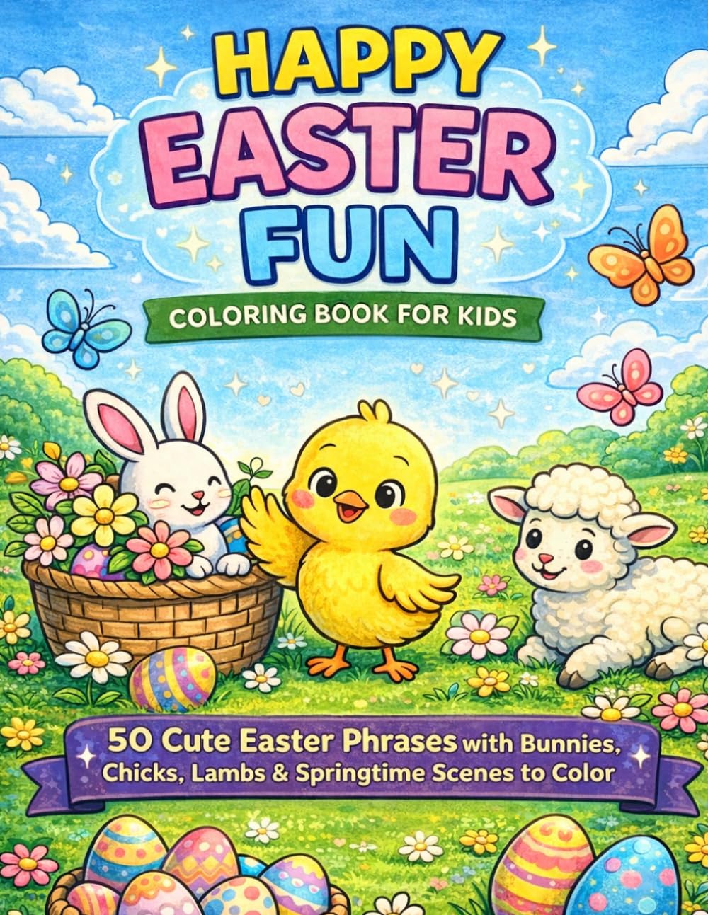 Happy Easter Fun Coloring Book for Kids: 50 Cute Easter Phrases with Bunnies, Chicks, Lambs & Springtime Scenes to Color