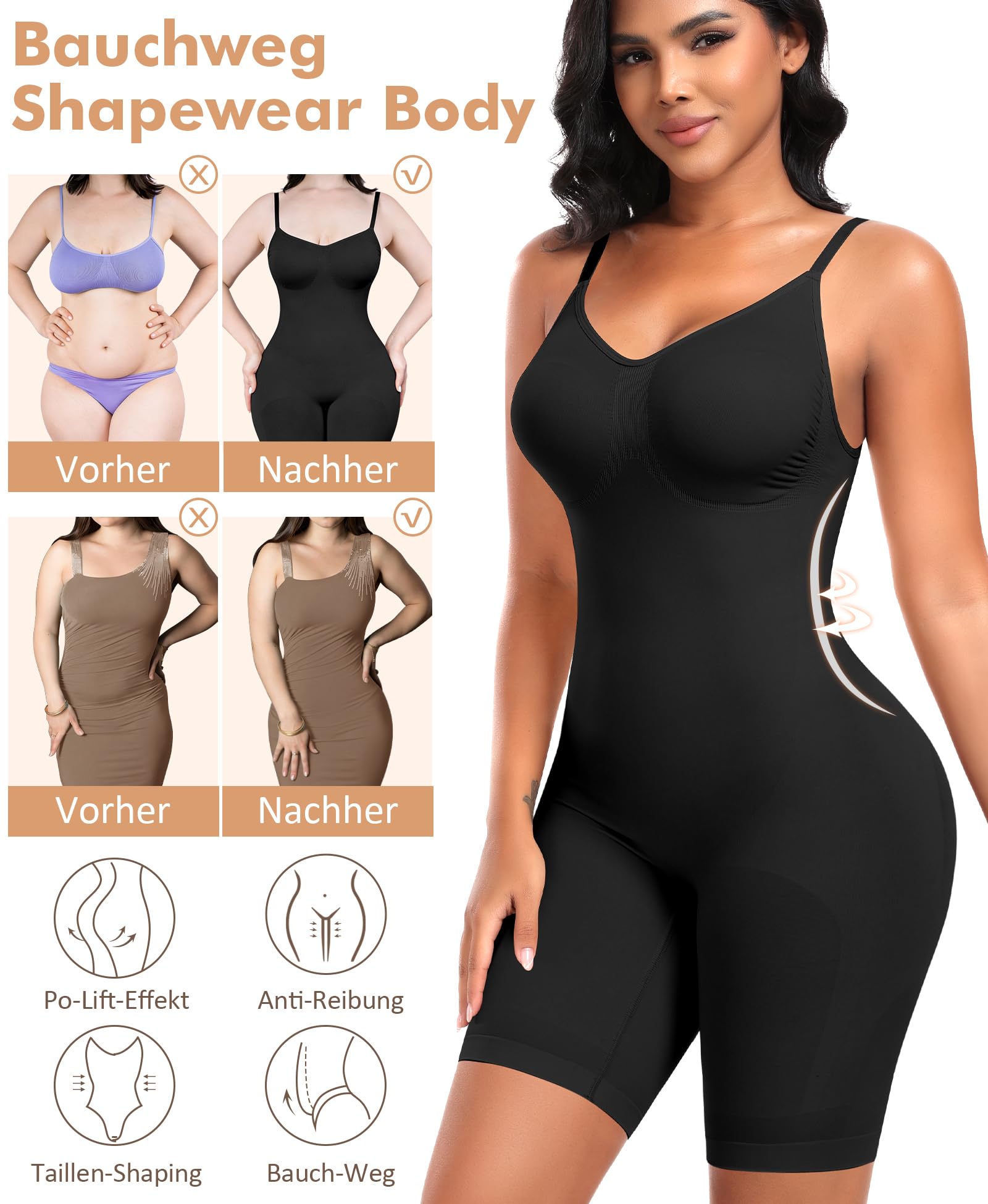 Werena Shapewear Damen Body Shaper Bauchweg Stark Formend Figurformende Bodysuit mit Bein Shaping Shorts Nahtlos Taillenformer Miederhose Unterwäsche mit Verstellbare Schultergurte