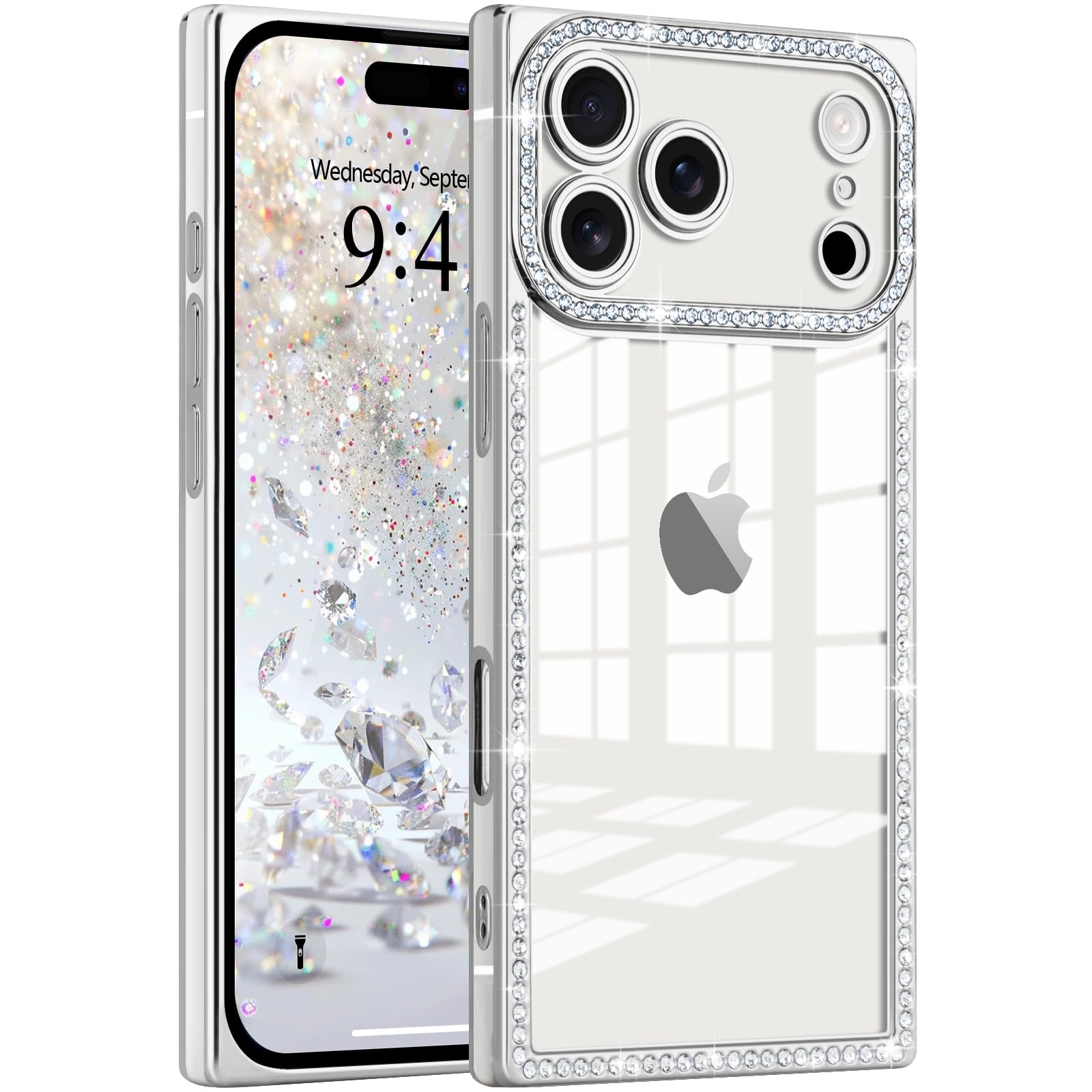Glitter Case for iPhone 17 Pro Max,Clear Rectangle Electroplated Sparkle Bumper with Bling Rhinestones Phone Case for Women,Sparkly Diamond Camera Protection Soft Slim TPU Cover-Silver