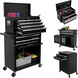 8-Drawers Rolling Tool Chest Box with Wheels, 2-in-1 Detachable Storage Large Cabinet and Sliding Drawers, Removable Organizer Lockable for Garage, Workstation, Black