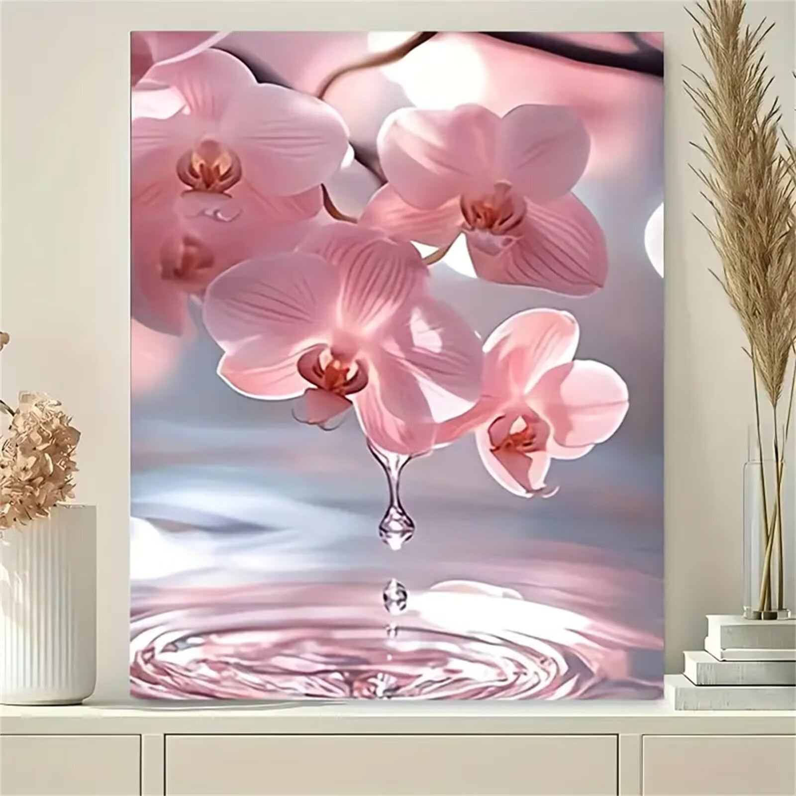 Lago de orquídeas rosas Pintar por Numeros con marco DIY Cuadro Con Números Kit de Pintura al óLeo Digital para Adultos de Lienzo Paint by numbers Kits Manualidades para Hogar Decoración 60x75 cm