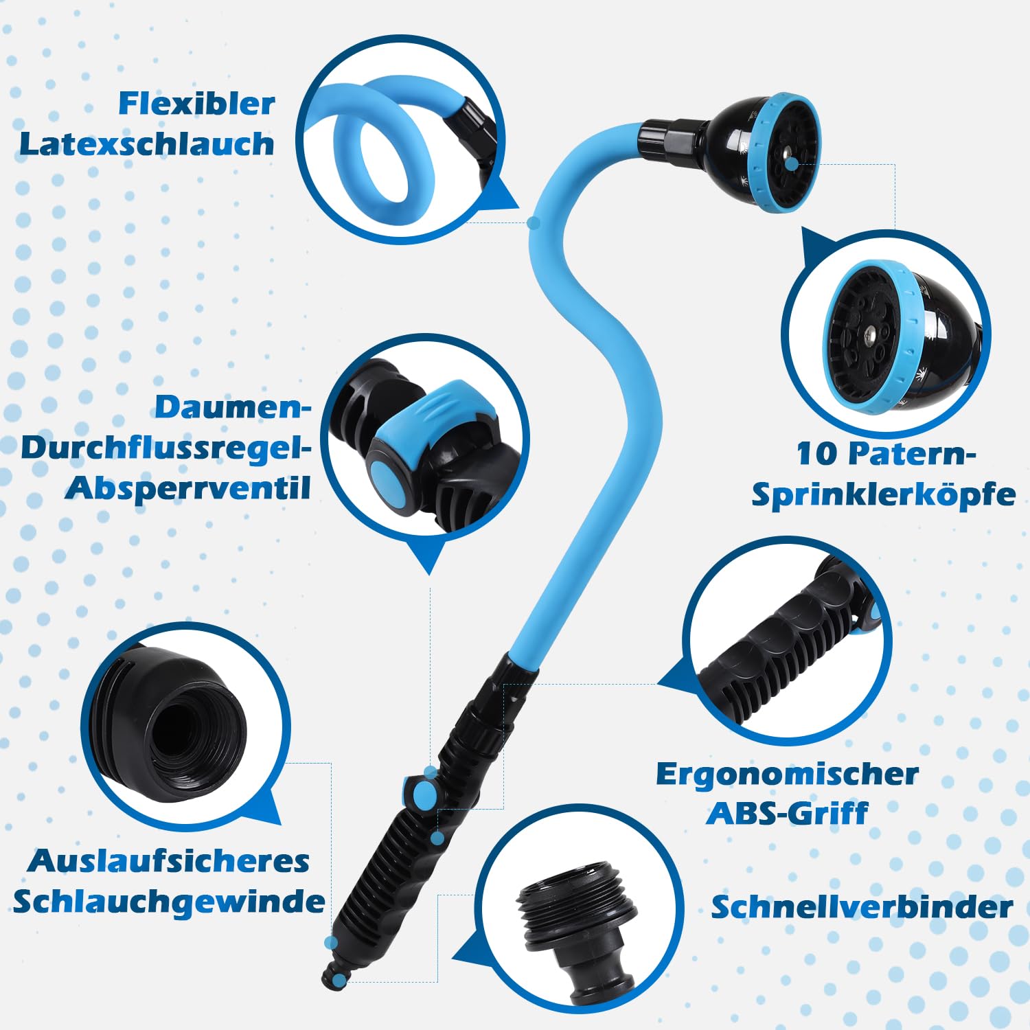 PRAOAHEI Garten Gießstab, 73cm Lang Biegsam Gartenbrause mit 360° Schwenkkopf, 10 Sprühmustern Kopf mit Sanfte Dusche und Durchflusskontrolle für Blumenampeln und Sträucher, Pflanzen, Blau