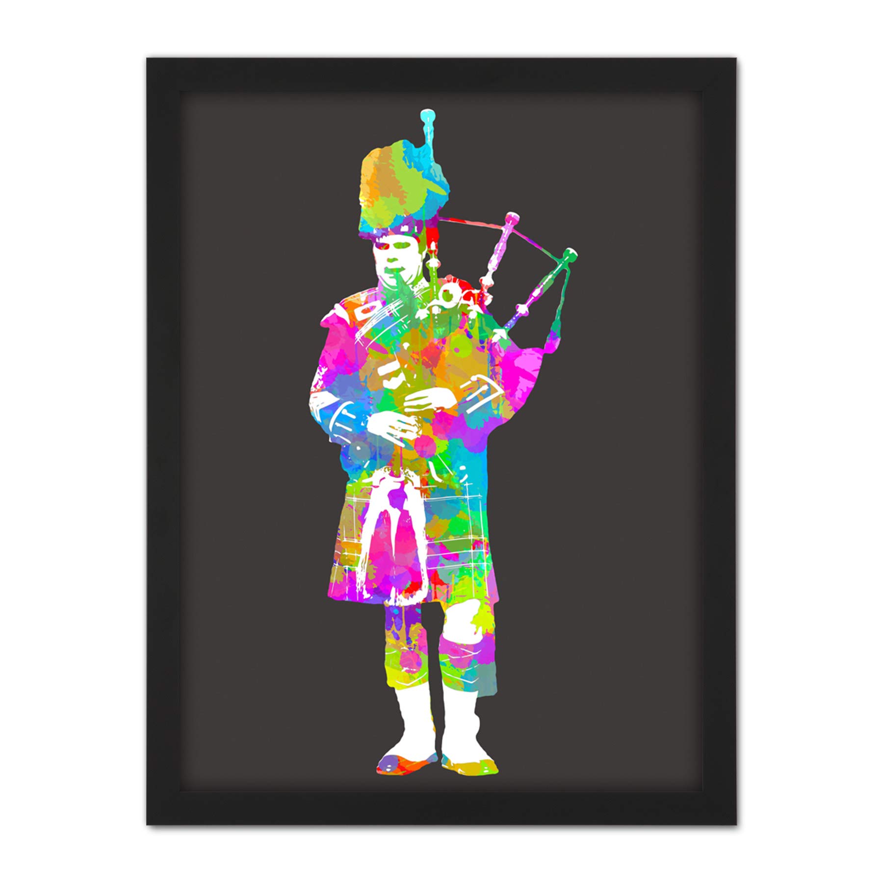 Wee Blue Coo Colourful Piper Bagpipes Scotland Artwork Framed Wall Art Print 18X24 Inch