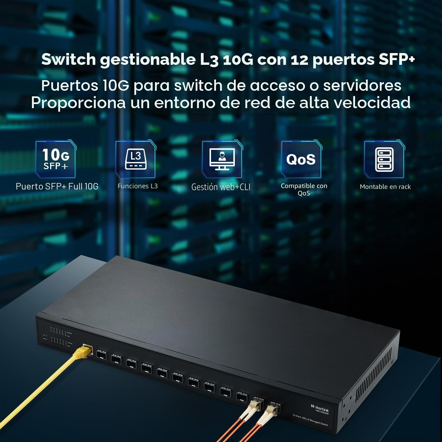 MokerLink Interruptor gestionado SFP+ de 12 Puertos, 10 Gbps, Compatible con 1 G SFP y 10 G SFP+, 240 Gbps de Ancho de Banda L3 conmutador de Fibra gestionada por la Web