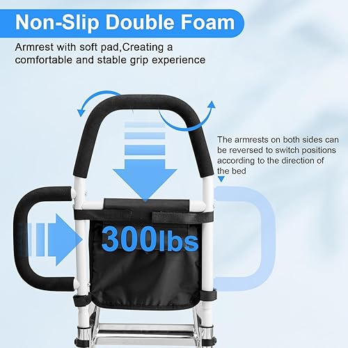 Miniatura 6 de WHOMEC Rieles de cama para seguridad de adultos mayores riel de asistencia de cama con barras de agarre dobles y protector de prevención de caídas y