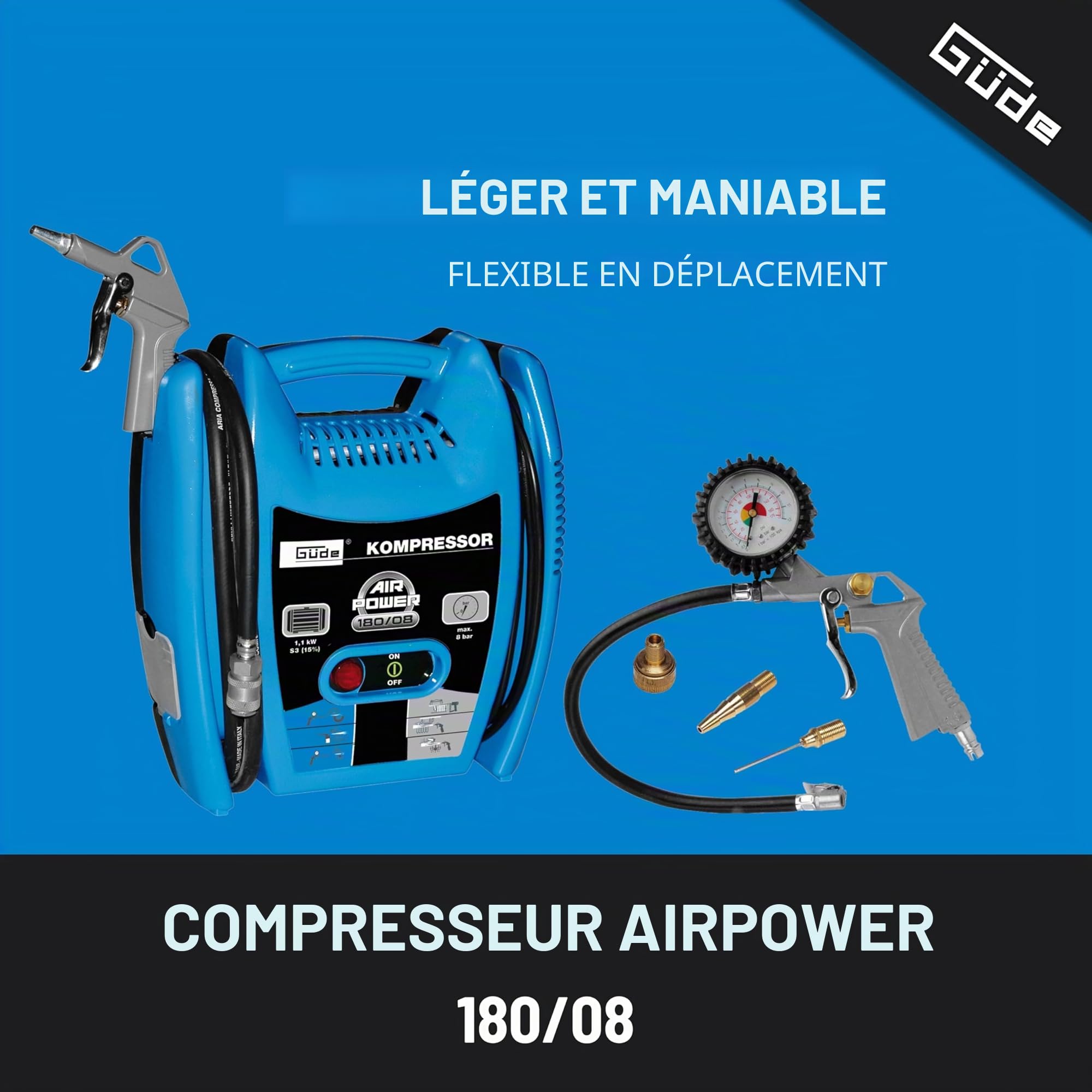 Güde Compresseur Airpower 180/08 (sans huile et nécessitant peu d'entretien, entraînement par courroie, 8 bars, 1100 W, débit effectif 140 l/min, tuyau d'air comprimé de 2,5 m avec raccord rapide