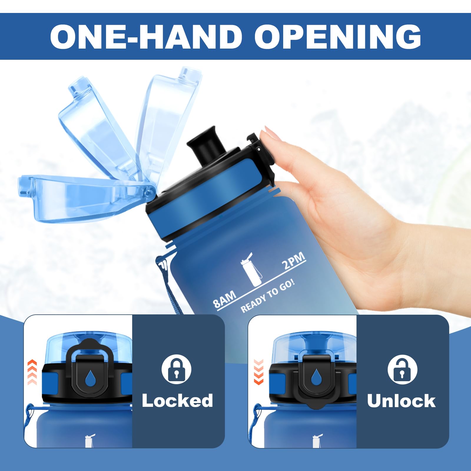 JAPORIA Borraccia 1L, Borraccia Palestra con Indicatore del Tempo, Borraccie con Filtro, Bottiglia Acqua Riutilizzabile, senza BPA, A Prova di Perdite, Bottiglia per Campeggio, Studenti, Ufficio