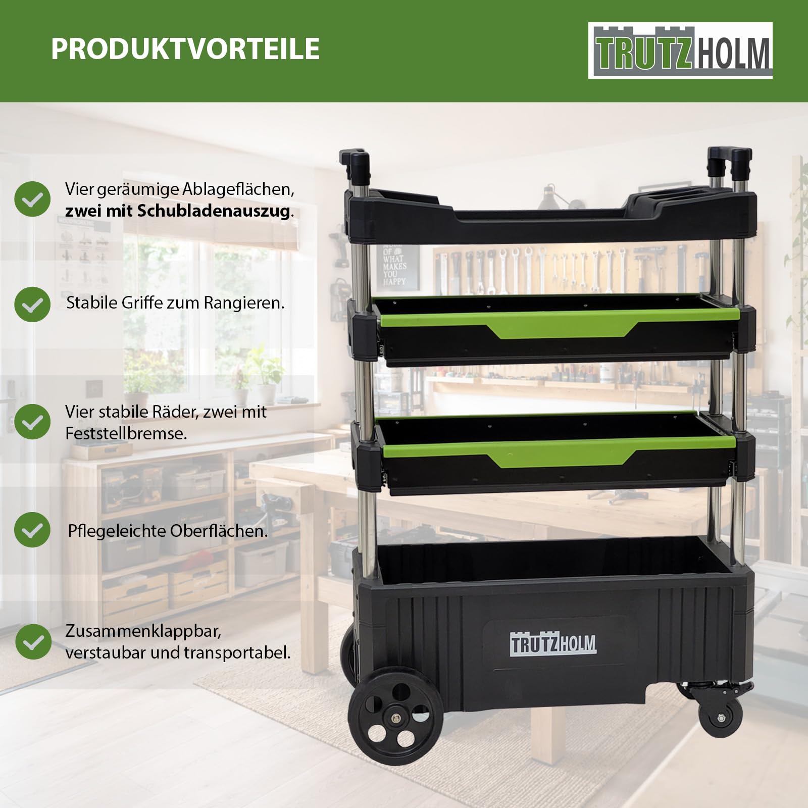 TRUTZHOLM Montagewagen klappbar mobil transportabel 67,5 x 40 x 95 cm Traglast 80 kg 4 Ablagefächer leer