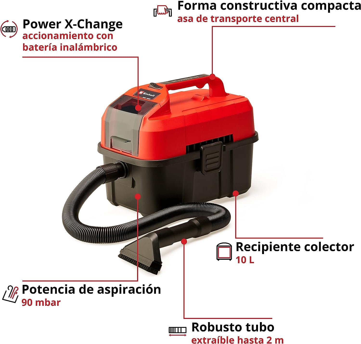 Einhell Aspirador inalámbrico TE-VC 18/10 Li-Solo Power X-Change (18 V, Iones de Litio, 10 L, Incl. Manguera de 2 m, Boquilla de Hendidura + Boquilla de tapicería/Universal, sin batería ni Cargador)