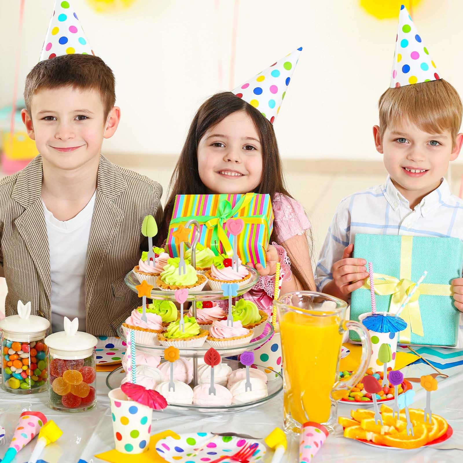 Widelczyki do owoców ze stali nierdzewnej, mini wykałaczki do przekąsek dla dzieci, wielokrotnego użytku widelczyki do owoców dla dzieci z silikonową dekoracją, wykałaczki do jedzenia do owoców, ciast